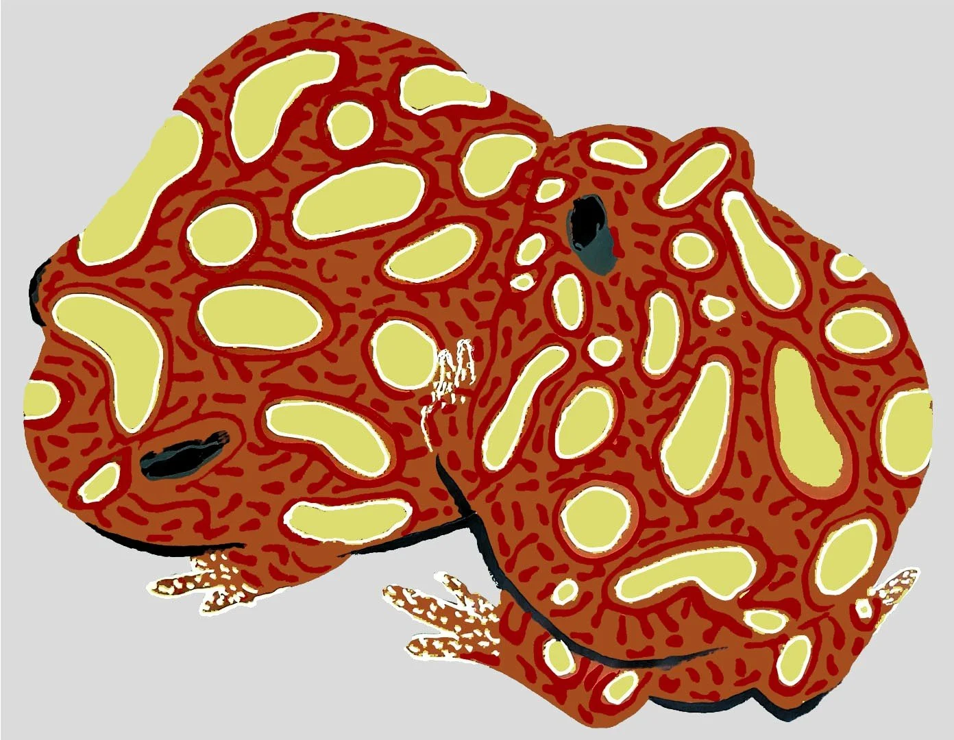 A mysterious and rhythmic abstract painting featuring two toads integrated into a dense, patterned nature scene