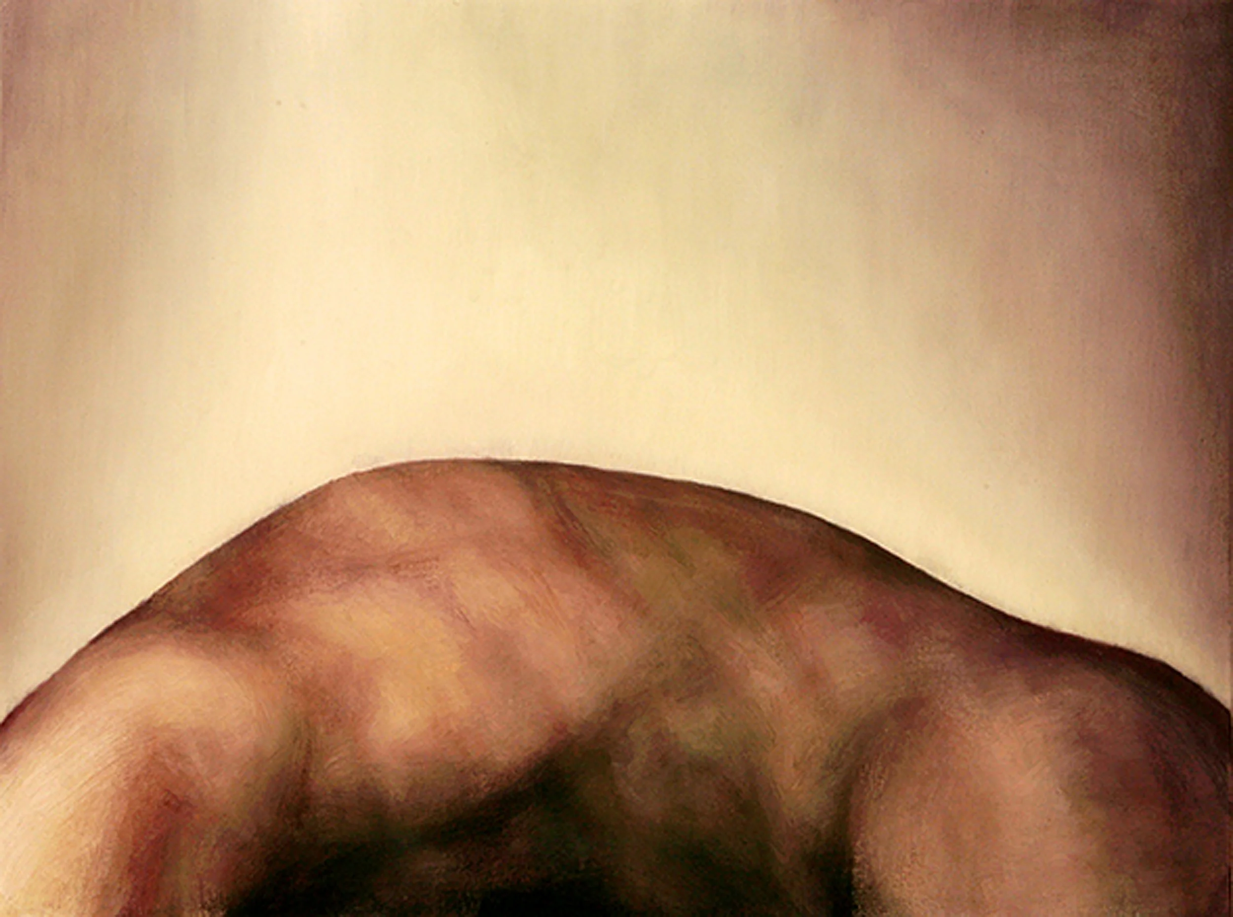 An intimate oil painting fragment focusing on the soft textures and natural curves of the human midsection body, exploring skin tones and light.