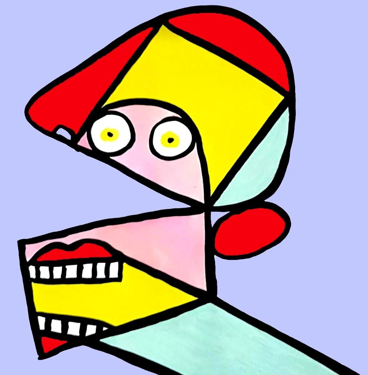 A vibrant, multi-eyed abstract creature portrayed through layered geometric shapes and bold primary colors.