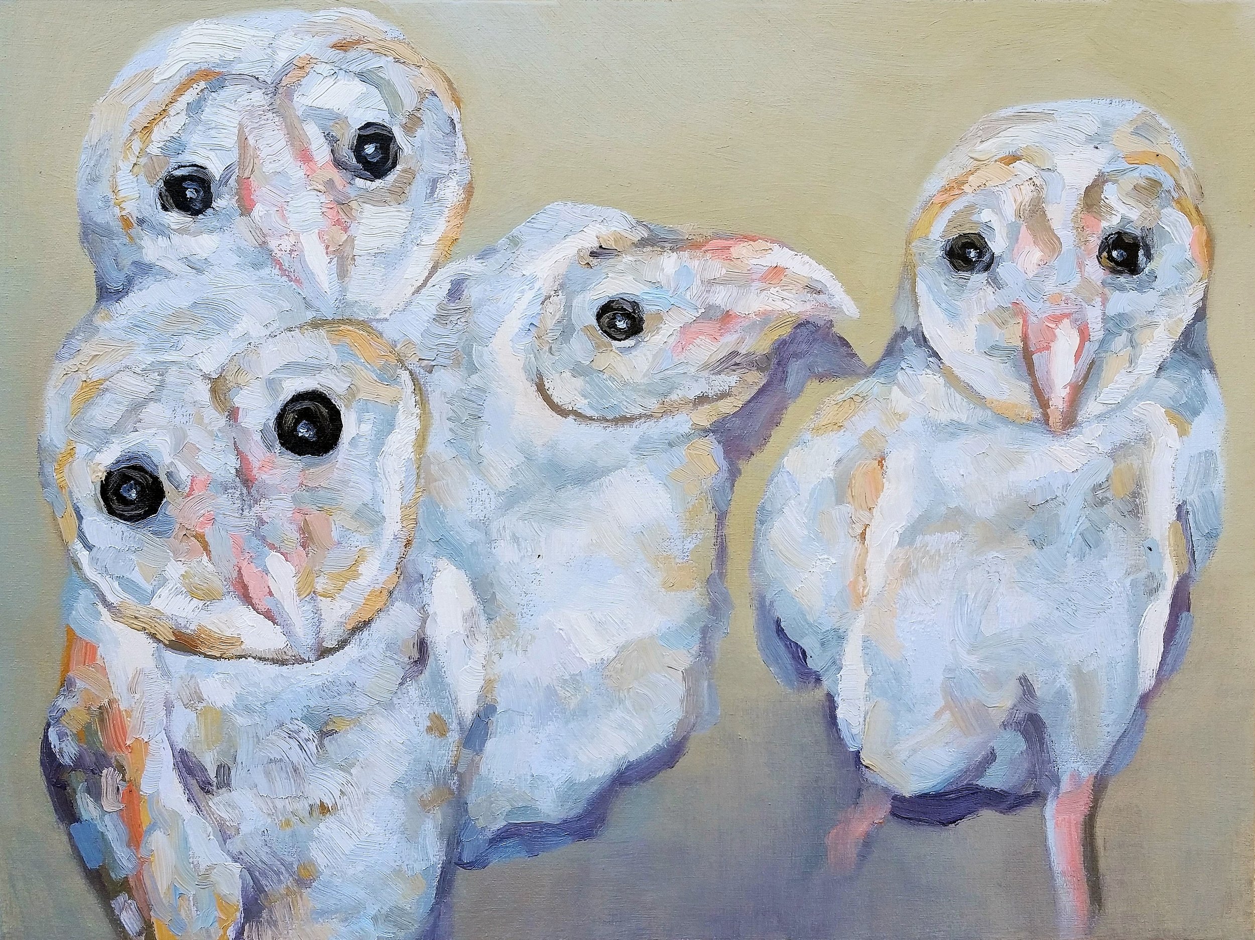 A minimalist four brown owls piece featuring a textured sphere, exploring light, shadow, and perfect form