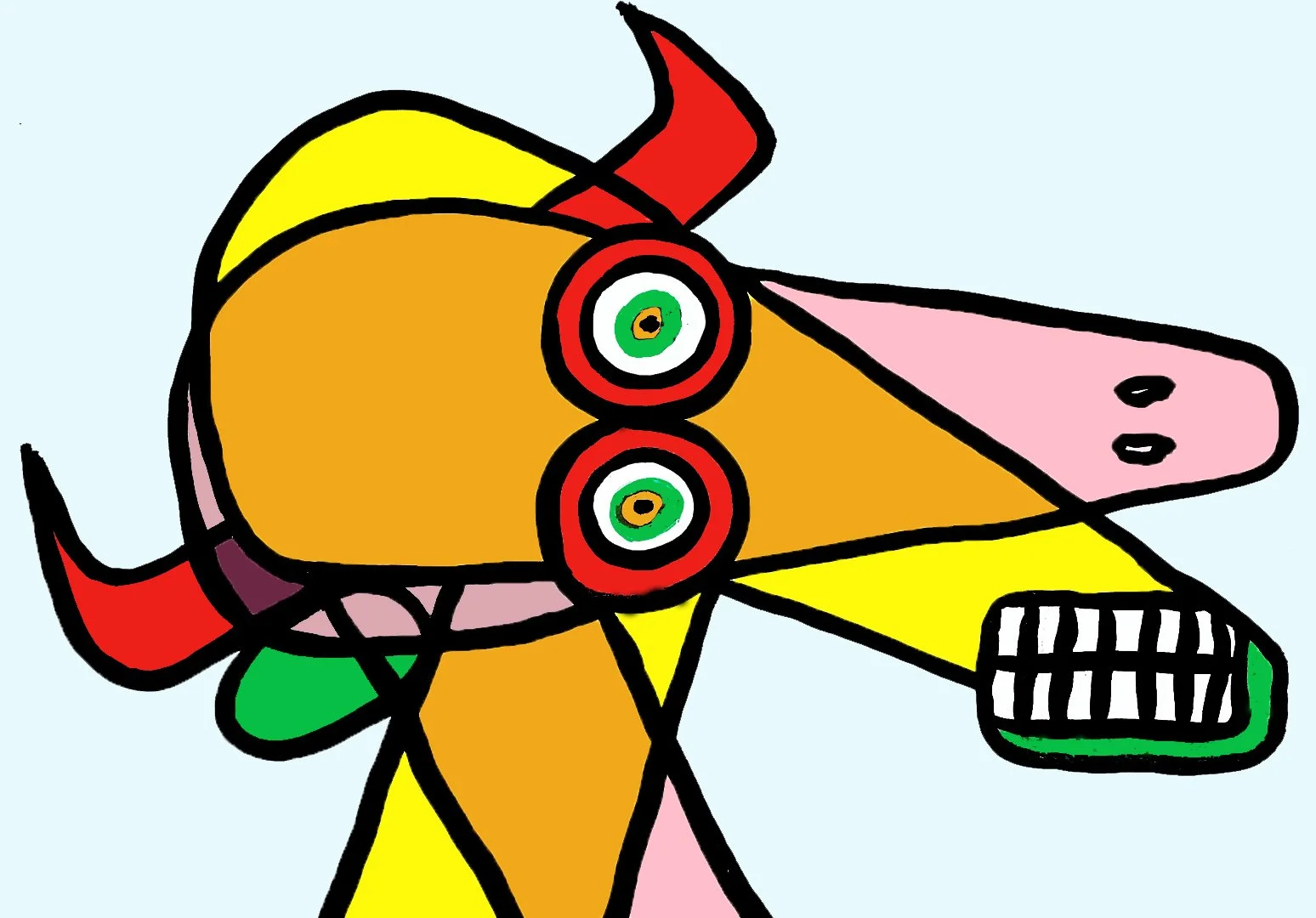 A focused bull portrait highlighting an eye within a chaotic yet balanced grid of red and orange geometric shapes.