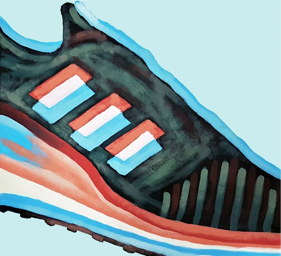 Stylized acrylic painting of sneakers, contemporary fashion art - Roi Pajursky.