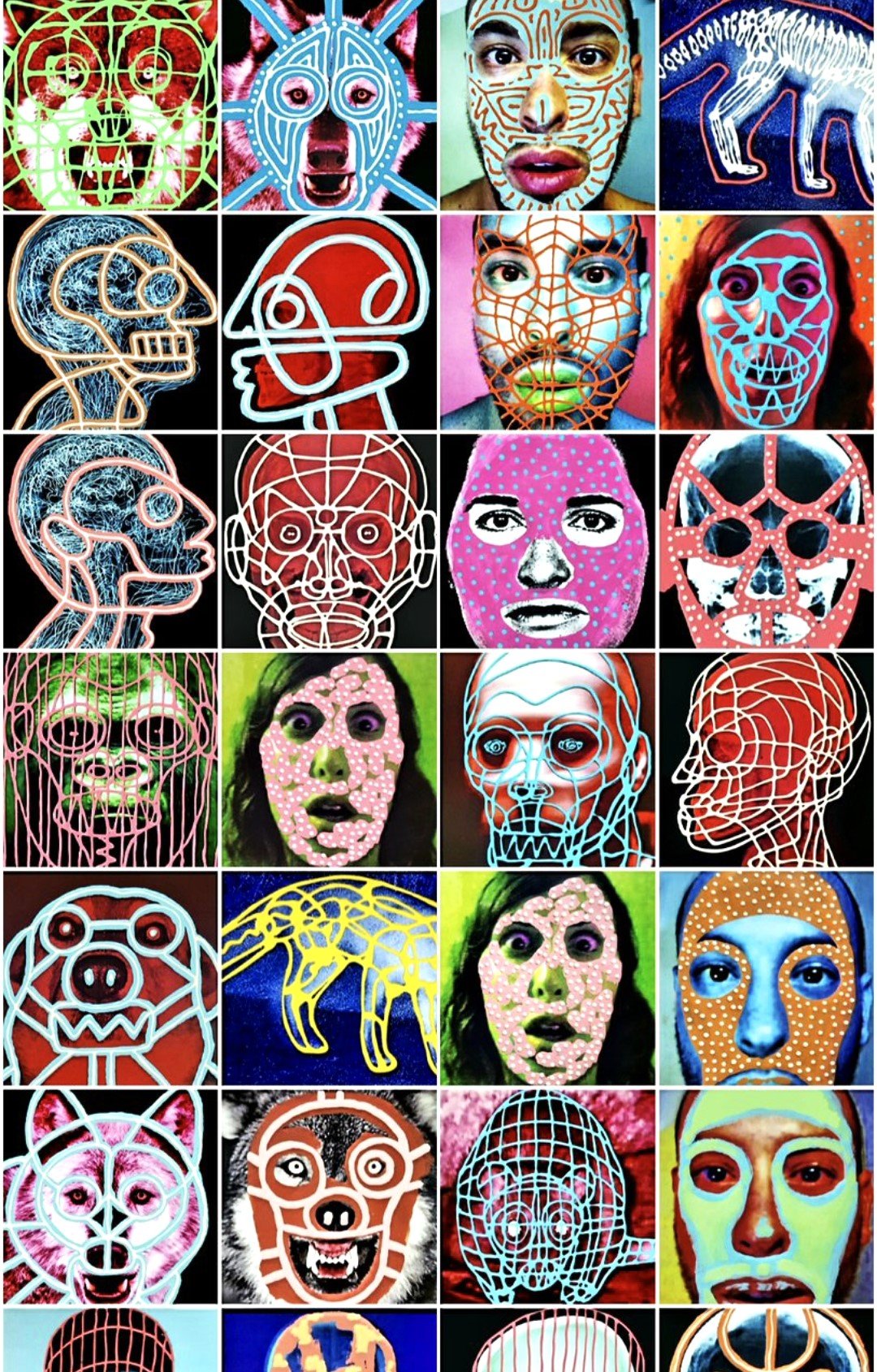 Original fine art collage by Roi Pajursky: a collection of hand-painted portraits and abstract studies in oil, ink, and acrylic on canvas.