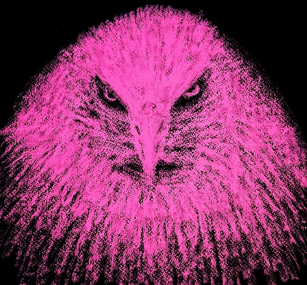 An expressive abstract painting of a bold eagle in vibrant red, featuring bold textures and raw emotional energy.