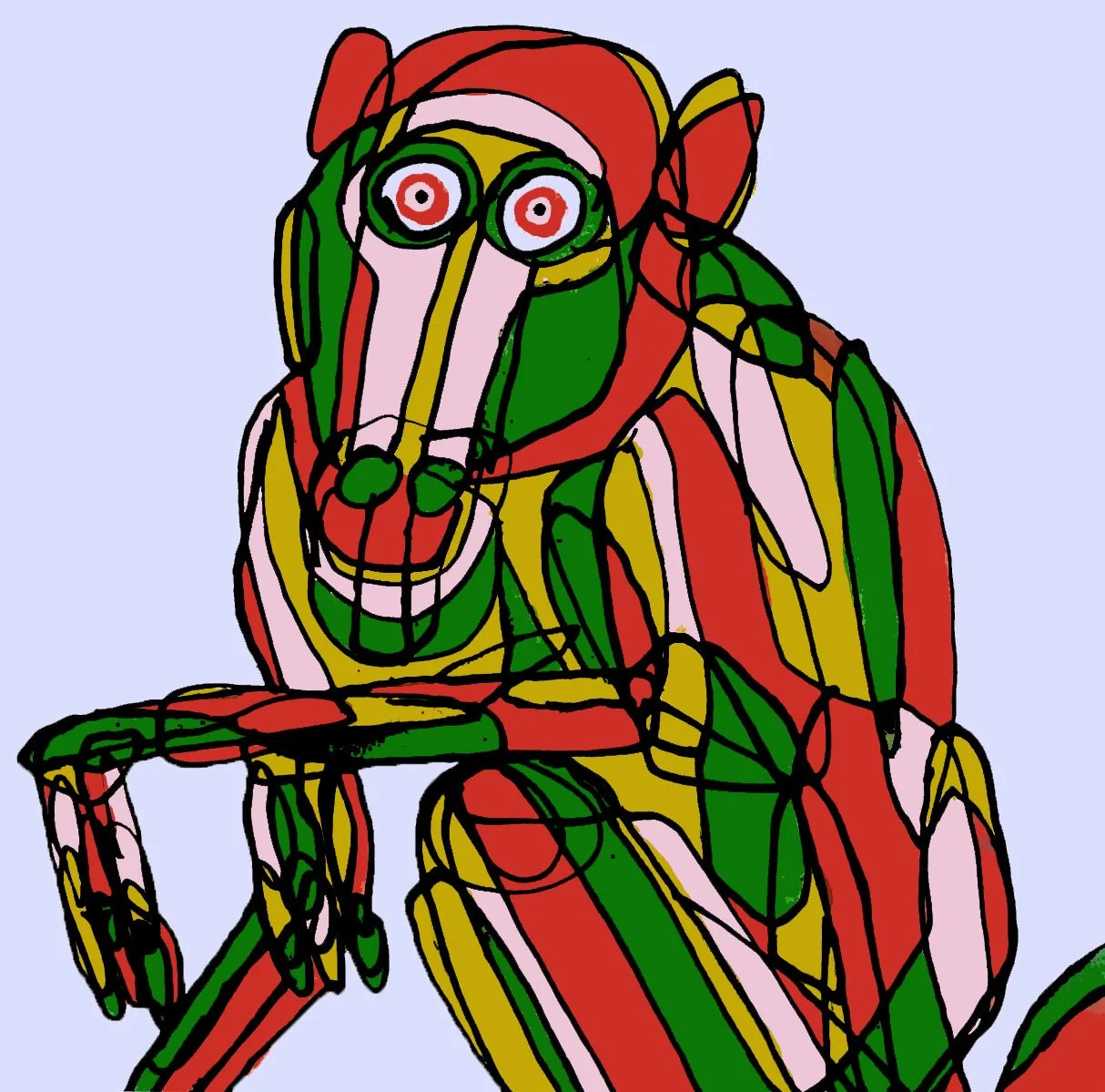 A unique and imaginative monkey sketch featuring complex geometric structures and artistic line work.