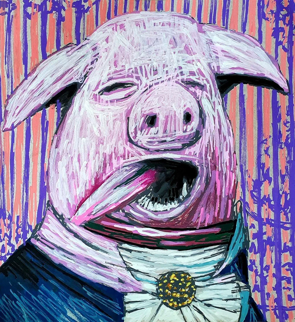 A humorous and surreal pig portrait with exaggerated features. A unique character illustration perfect for fans of whimsical modern art.