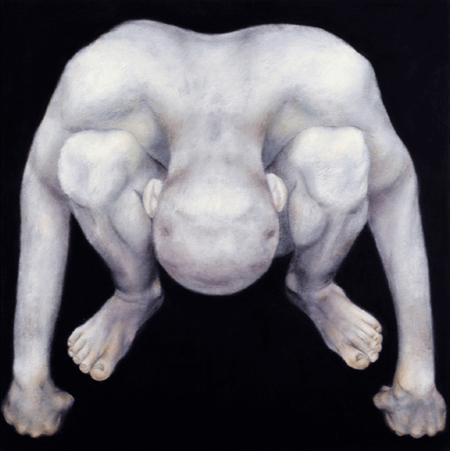 An evocative oil on canvas piece gif depicting a kneeling figure in a symbolic and structured position