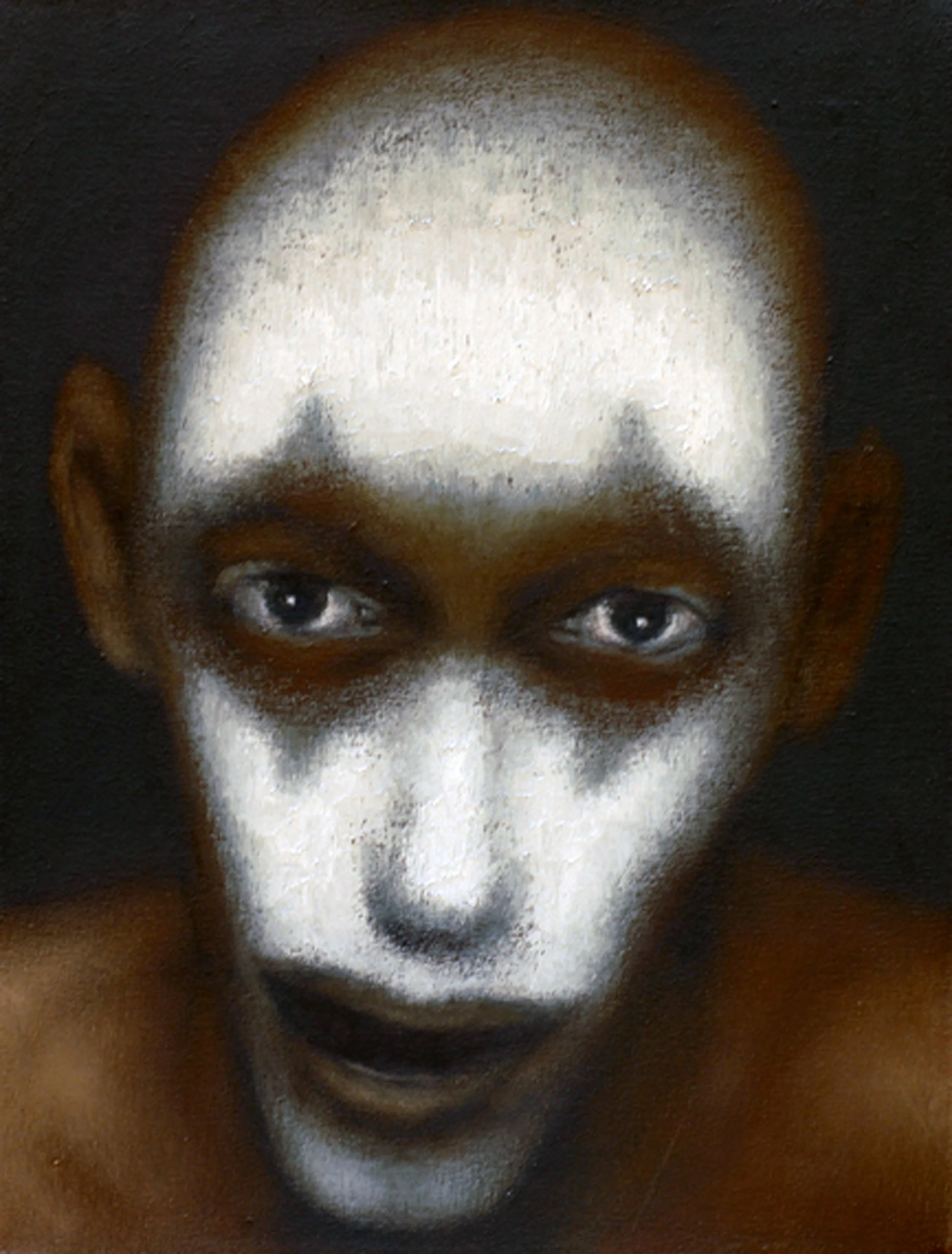 A ghostly and surreal white-faced portrait, creating a strong visual impact through minimalism