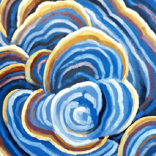 A bold figurative painting of a blue fungus with striking colorful lines, utilizing high contrast and expressive brushwork