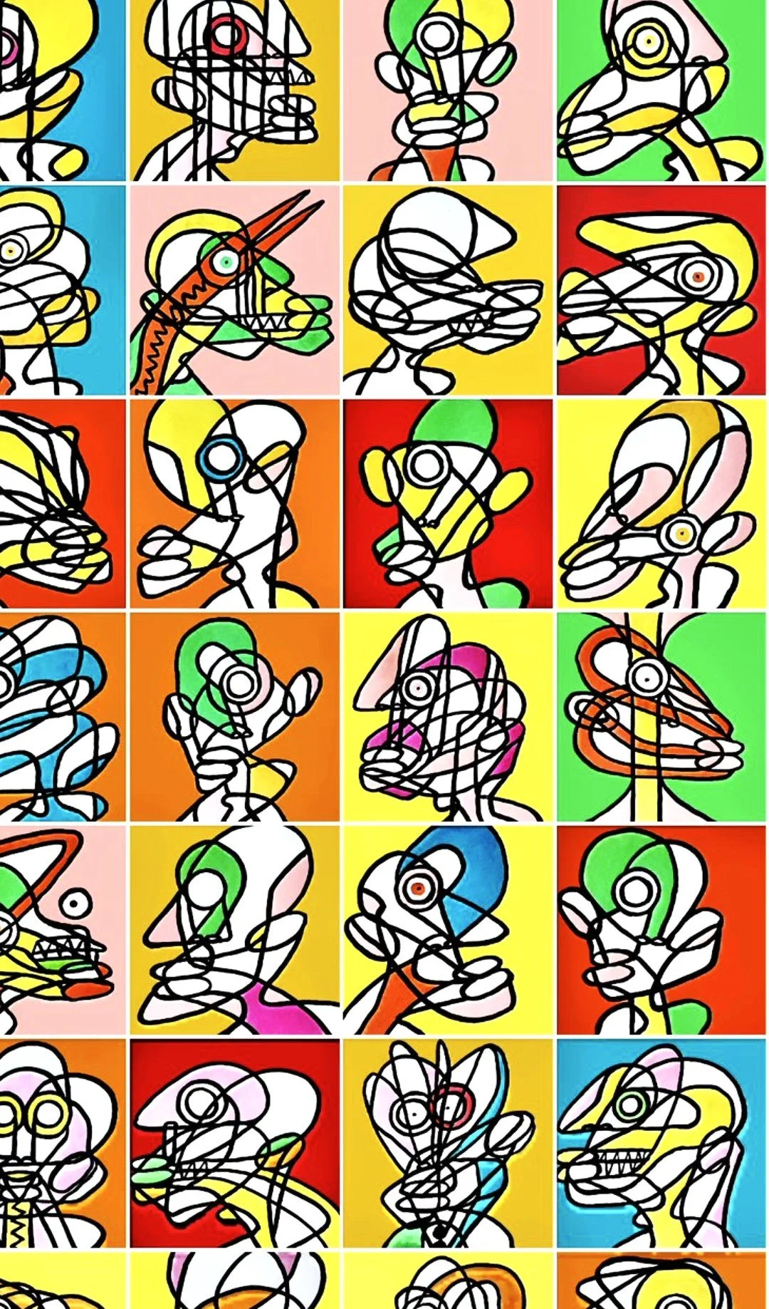 A comprehensive art collage by Roi Pajursky featuring a grid of original mixed media works, including colorful acrylic portraits, ink sketches, and geometric faces, creating a dense visual experience of artistic obsession and variety