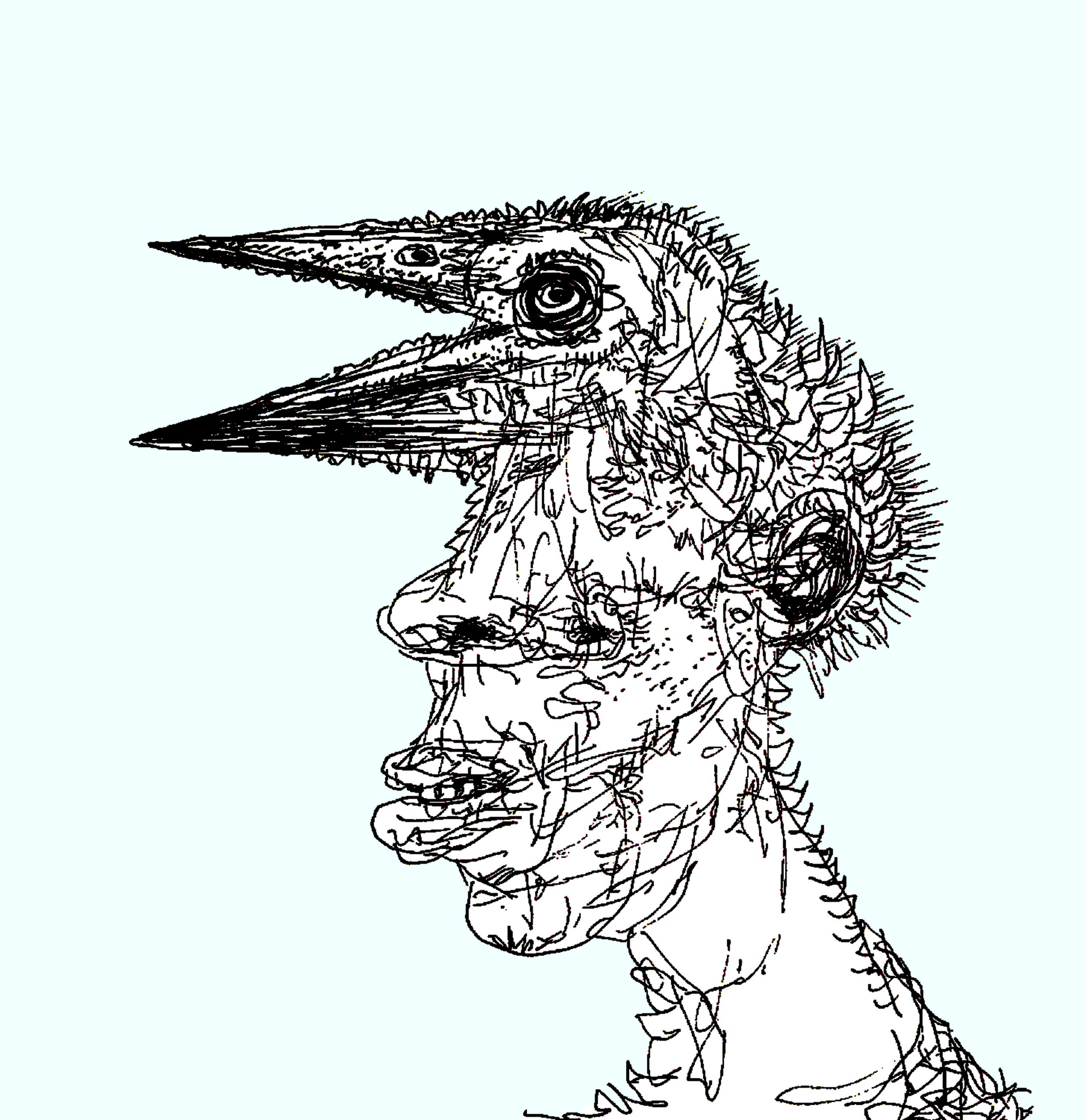 A detailed ink study of a human face with a beak, showcasing the vertebrae with precise and artistic line work.