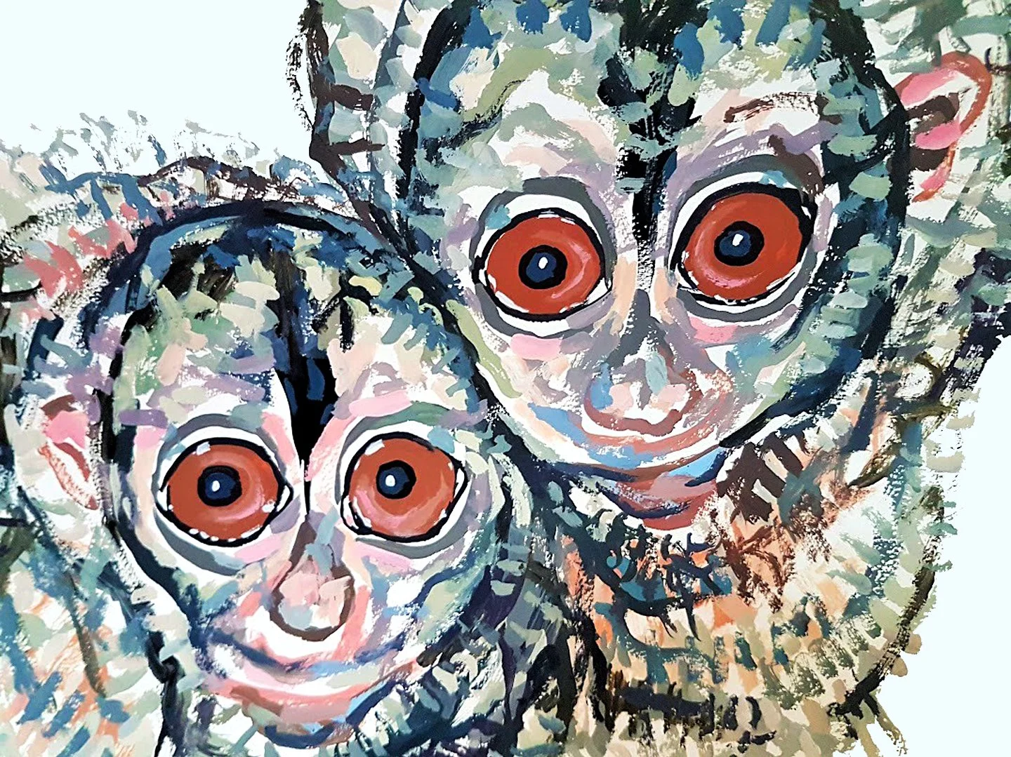 A colorful and expressive watercolor painting of monkeys, using a wide palette of vivid tones.