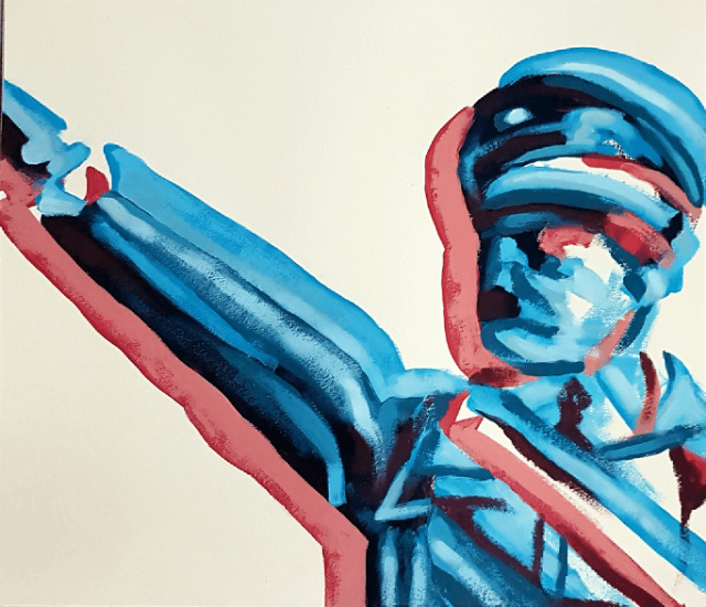 Expressionist blue and red humanoid figure, modern figurative painting by Roi Pajursky.