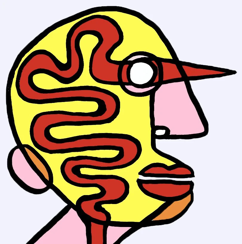 An abstract character, rendered with a pop-art influence and colorful red snake geometric abstraction.