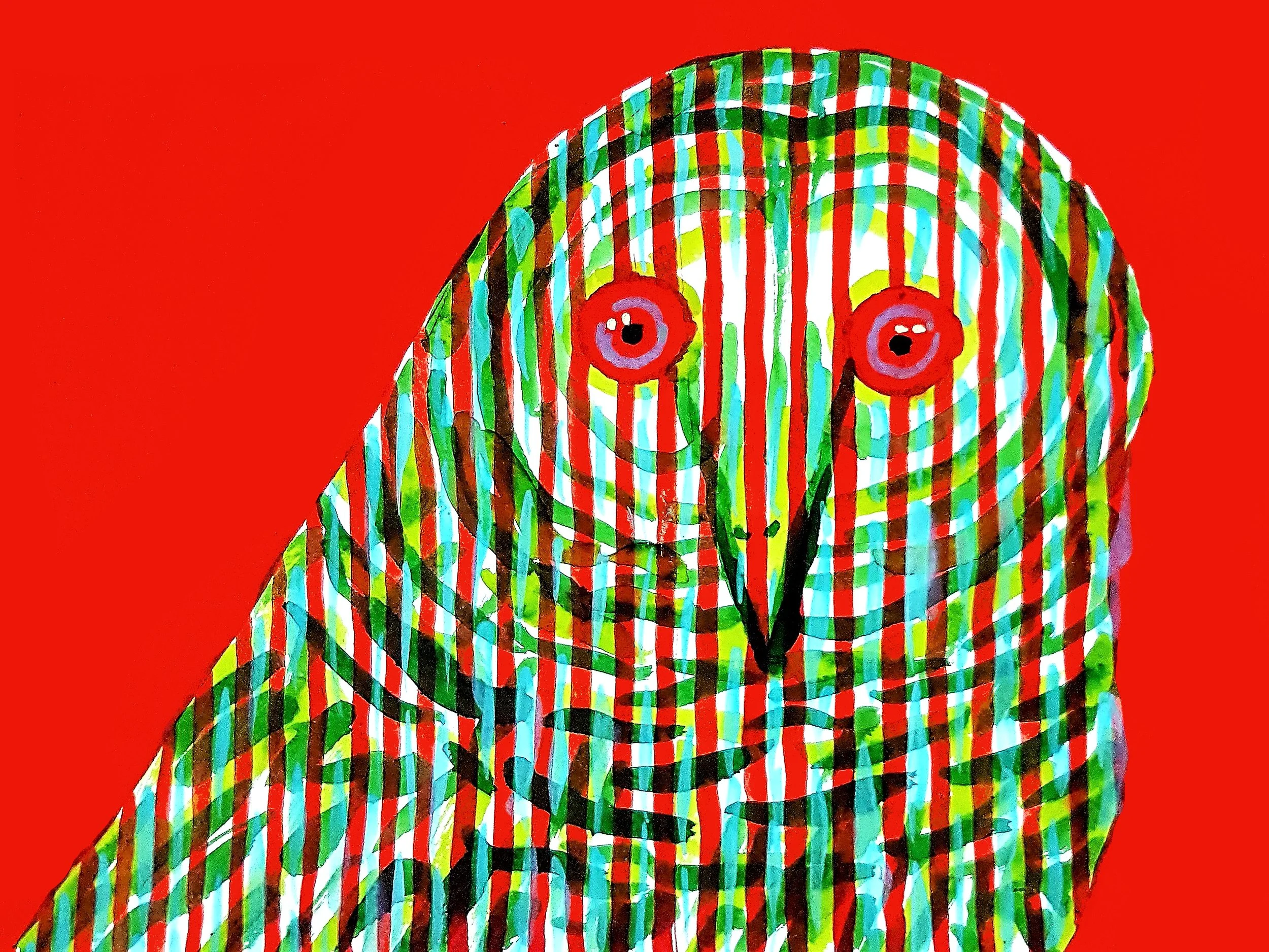 A unique artistic depiction of a owl's head featuring vibrant orange and blue stripes. A powerful example of contemporary animal art using repetitive line motifs.