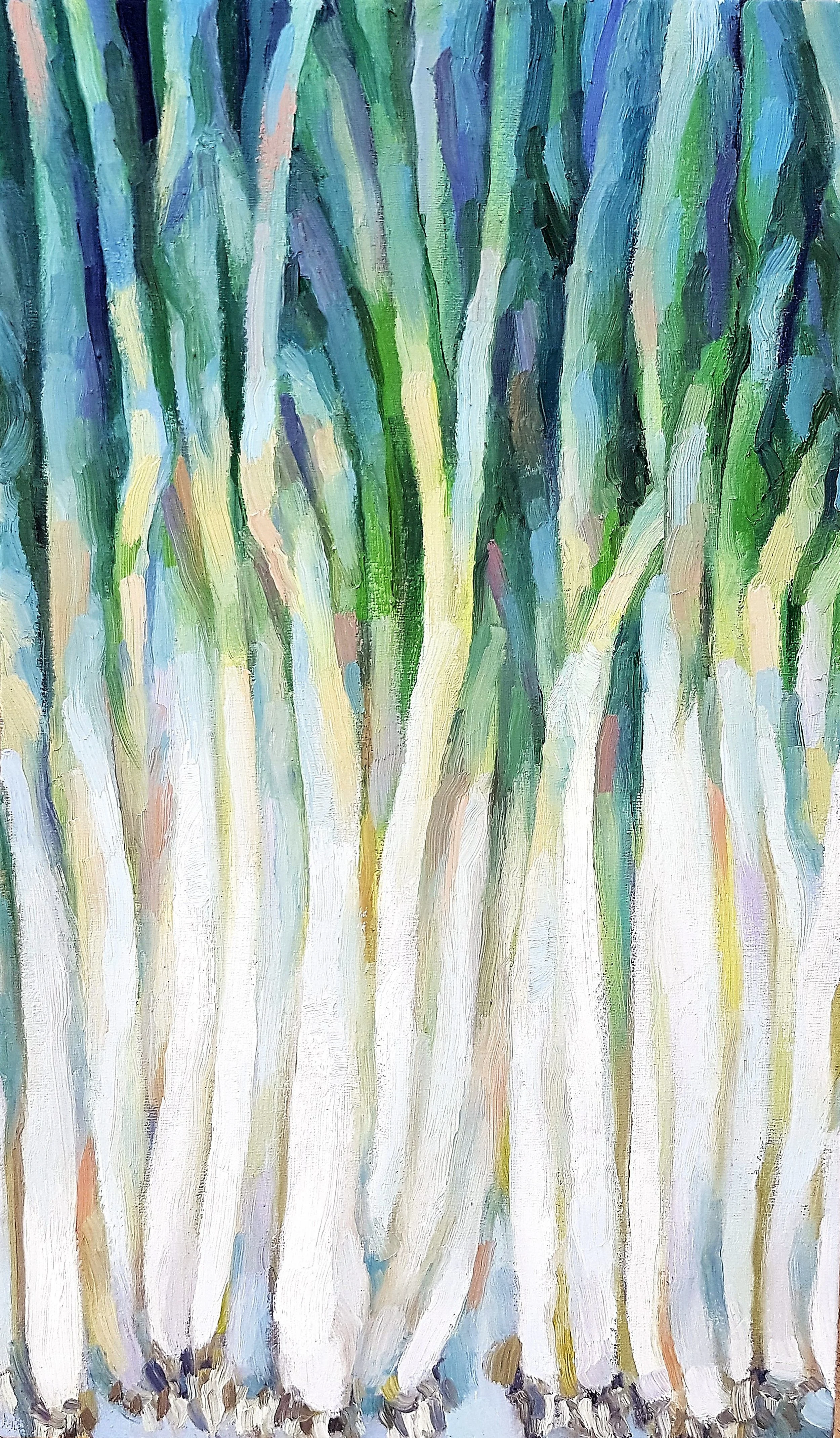 A dynamic and textured oil painting of green onins, showcasing a rich palette of blues, yellows, and greens.