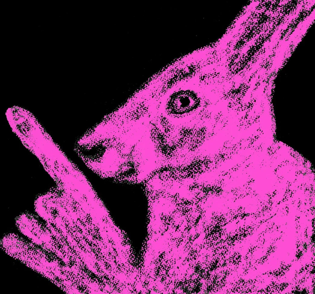 An abstract design of a rabbit in pink, combining architectural lines with artistic flair.