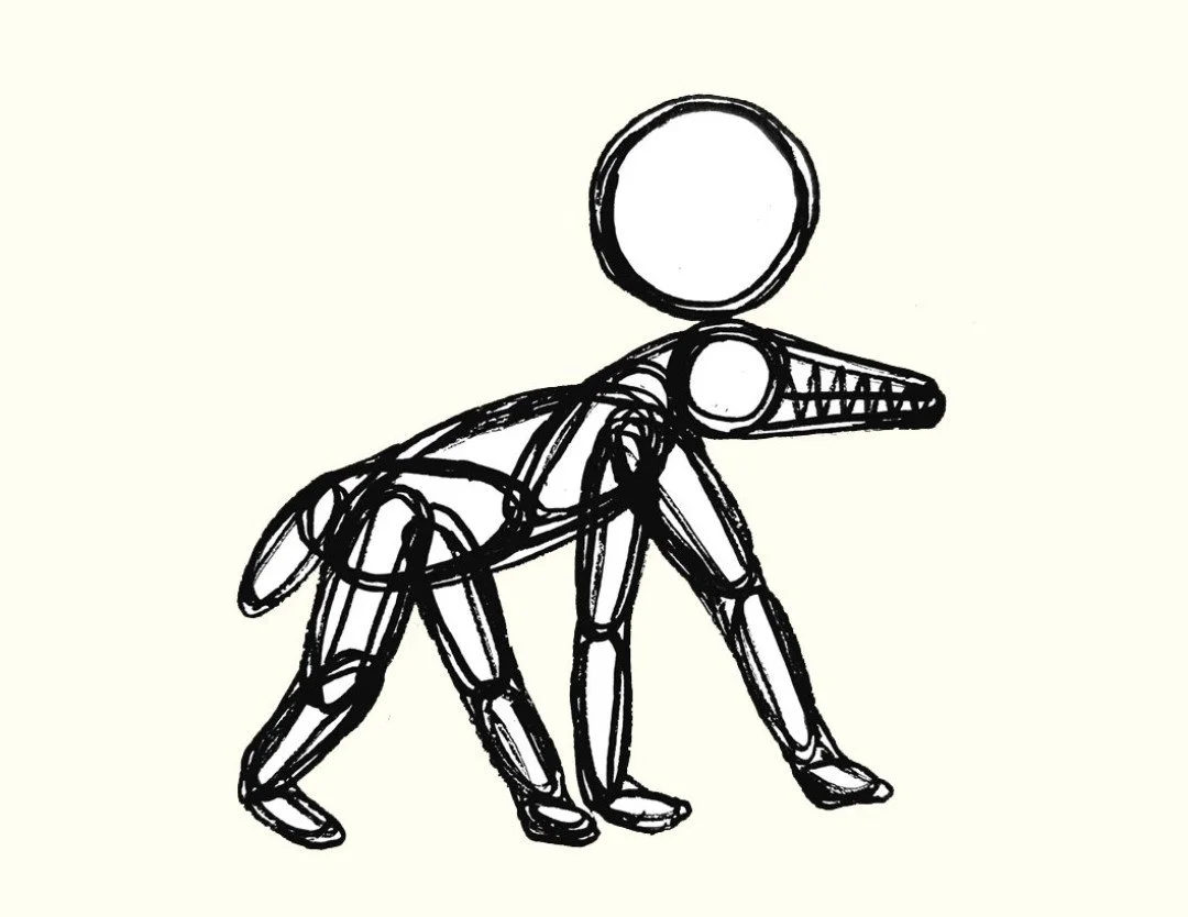 A detailed pen illustration of an animal standing tall, showcasing its proportions and patterns.