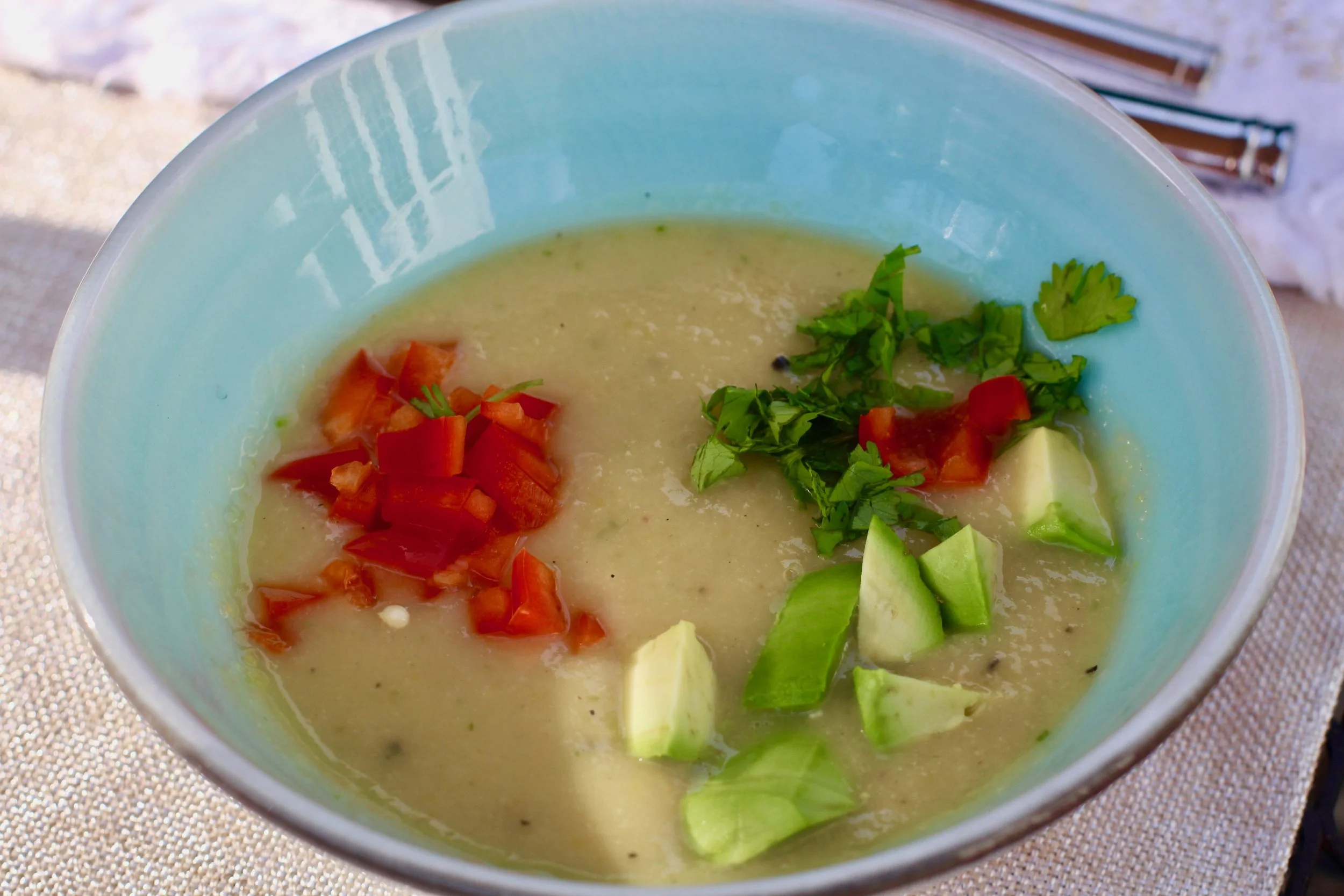 A very refreshing chilled soup that will encourage you to linger at the patio table on a warm summer day.