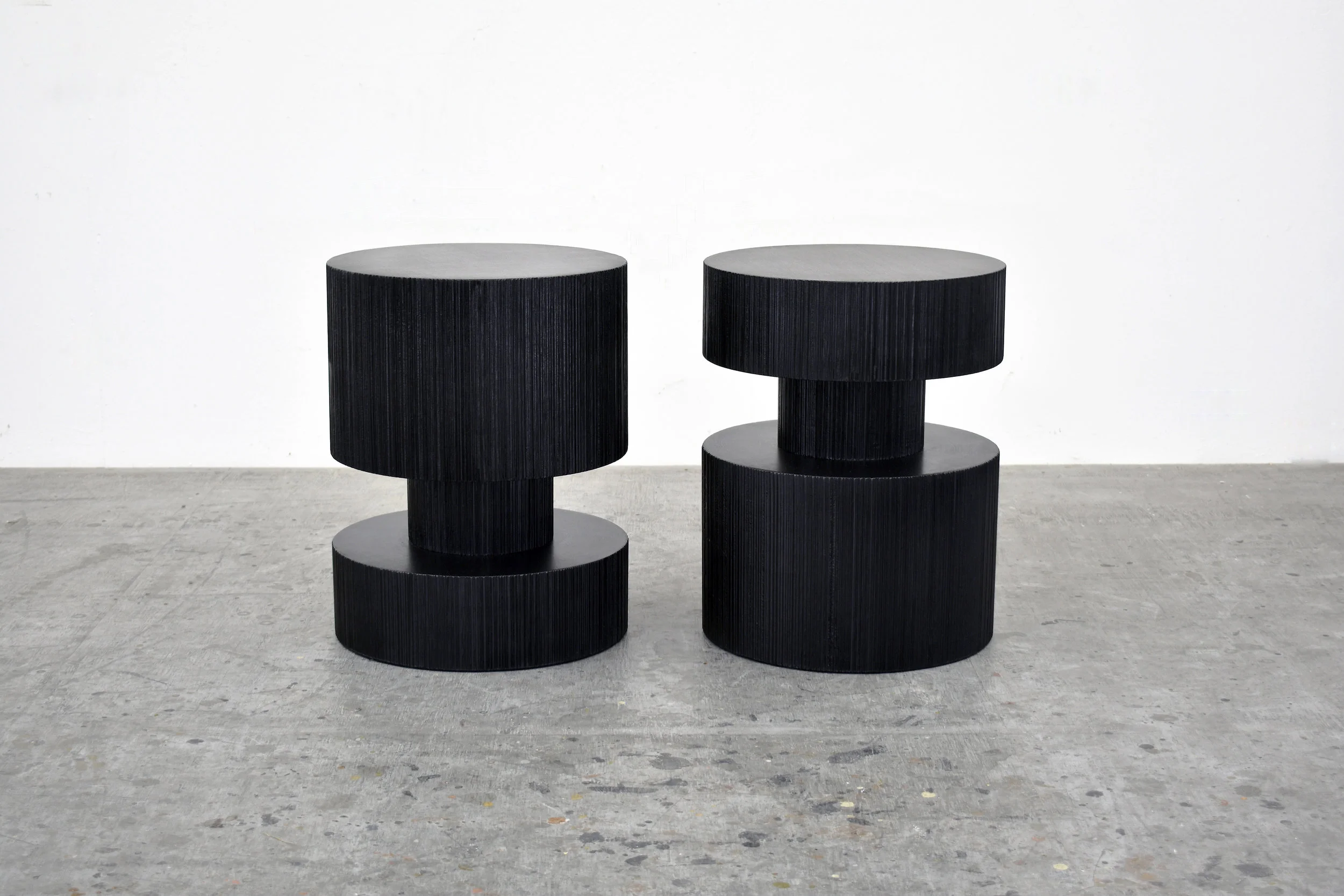  Round Revert Stools   Carved + Lacquered + Maple  20" x 16" dia. 