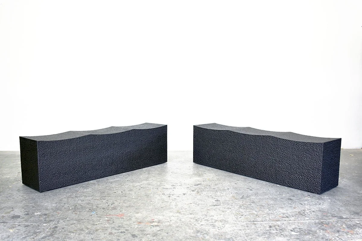  Block Bench for Three (pair)  Carved + Lacquered + Maple  17” x 60” x 14” 