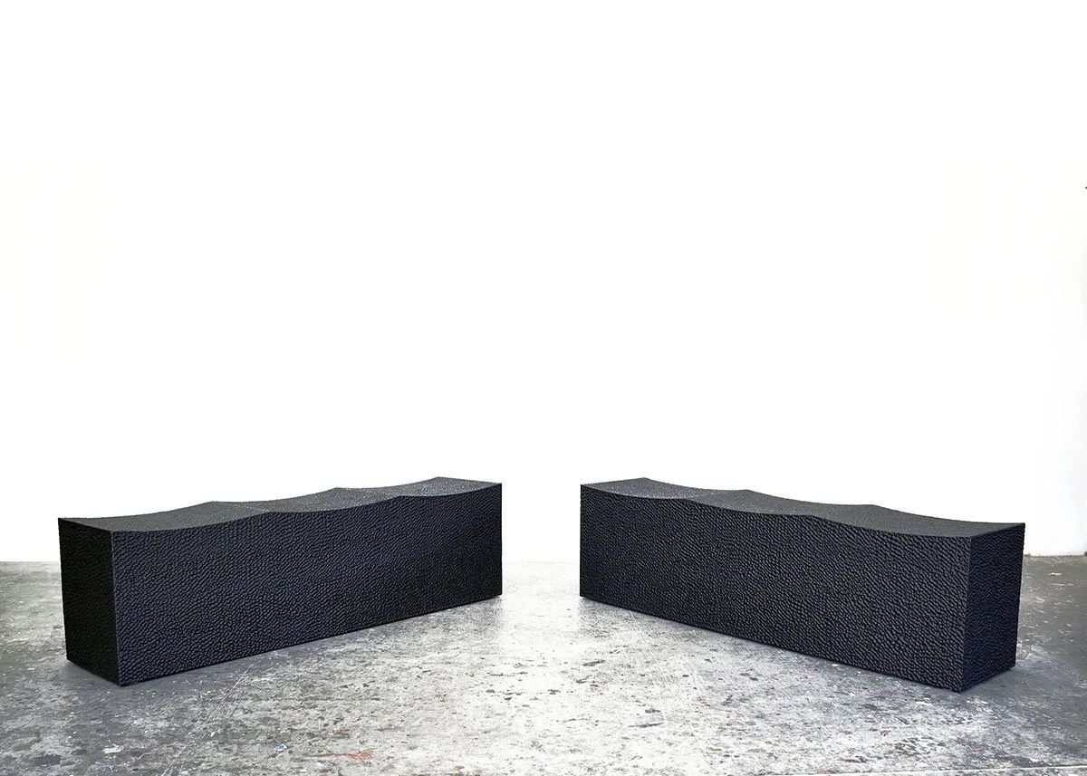  Block Bench for Three (pair)  Carved + Lacquered + Maple  17” x 60” x 14” 