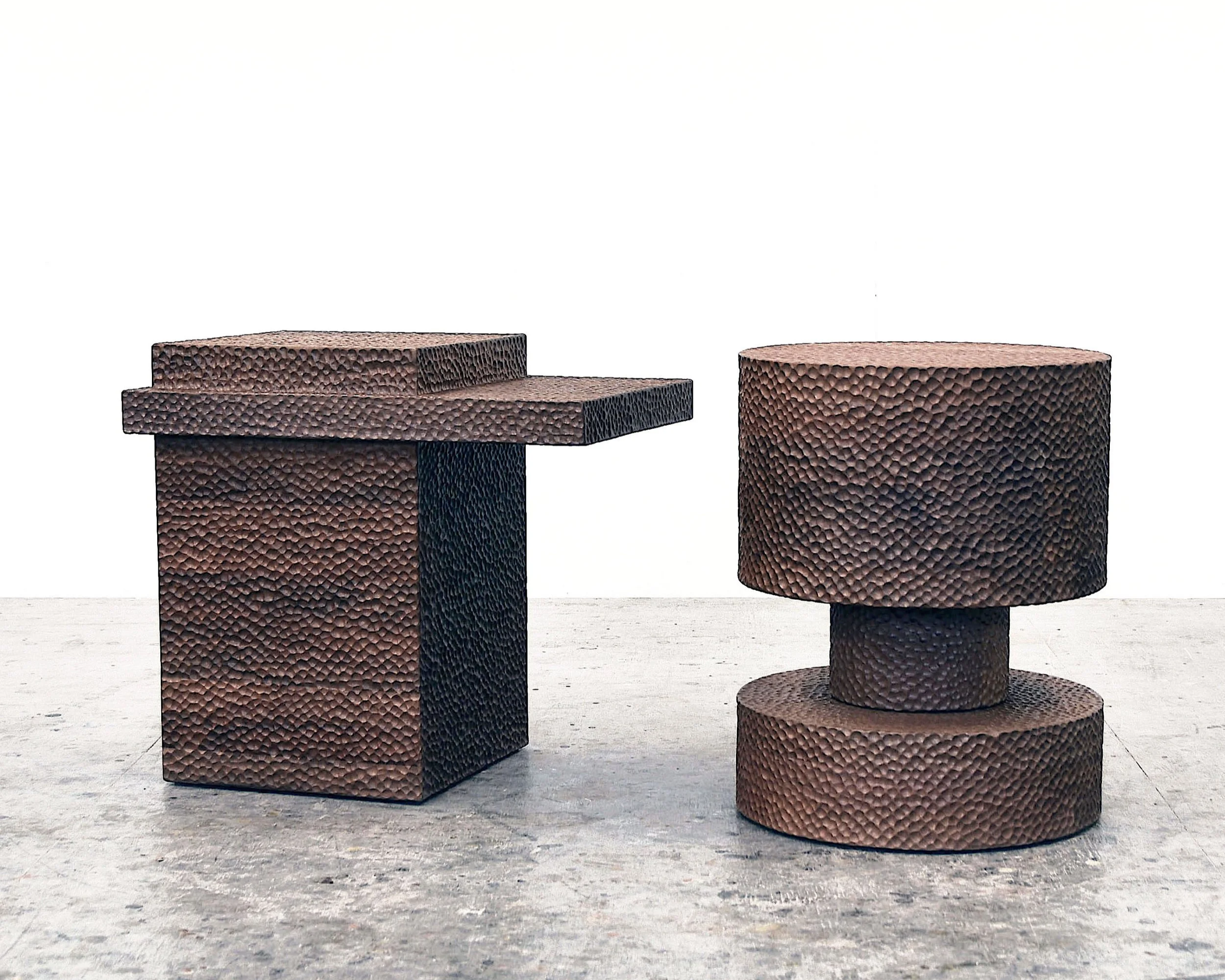  BWT4 Table + BWRT Round  Carved + Walnut + Lacquer  20” x 22” x 15” + 20” x 16” x 16”     