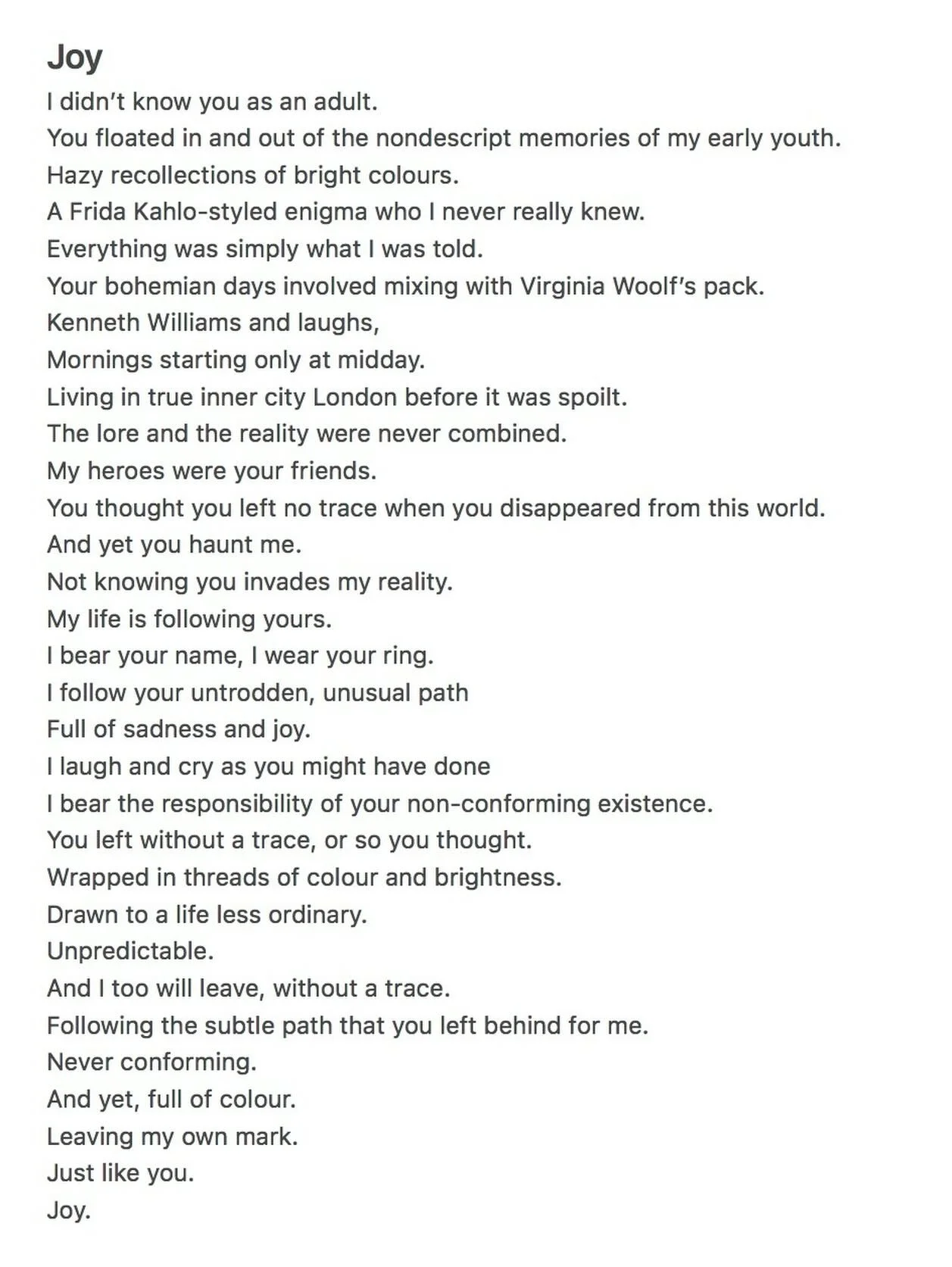 A poem about my great Auntie Joy.