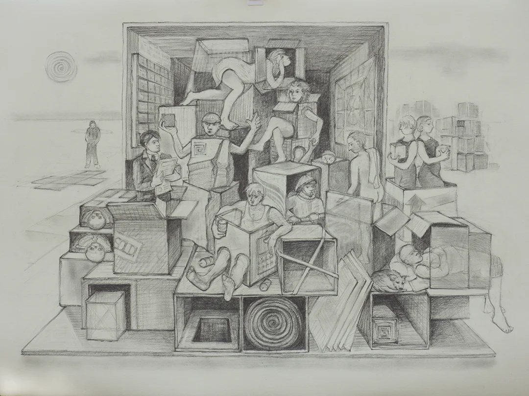 Everyone In a Box Graphite drawing by Kim Schrag www.kimschrag.com