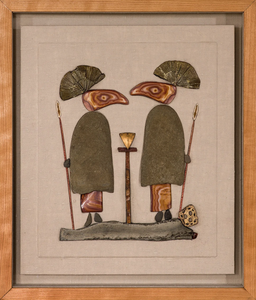THE PERENNIAL GOOD GUY and BAD GUY This piece is no longer available Stone, wood, flint, pyrite suns, wonder stone and linen in a lined cherry shadow box. (19" x 16 1/4")