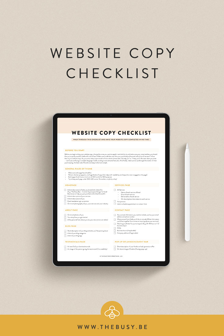 Website Copy Checklist - The Busy Bee