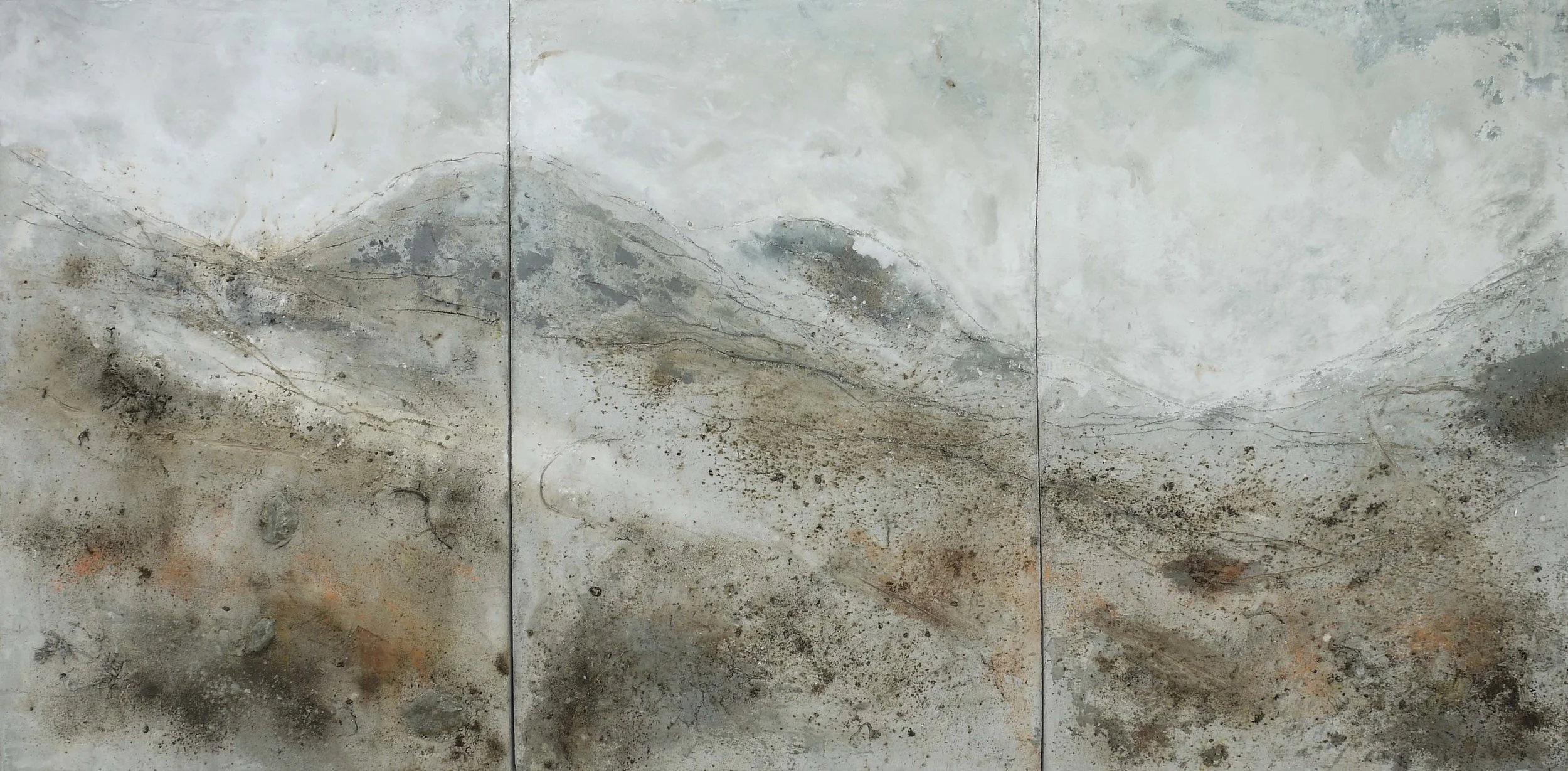 “An immigrant's Dream of His Highland Home.” Glencoe Tryptic 2018 113 x 220 cm Peat, pigment & graphite on Concrete £2600