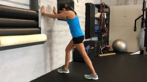 1. Standing Gastroc Stretch 3x 30-60 sec bouts If weight being is painful you can do this stretch long sitting, using a belt or towel and pull your toes towards you. 