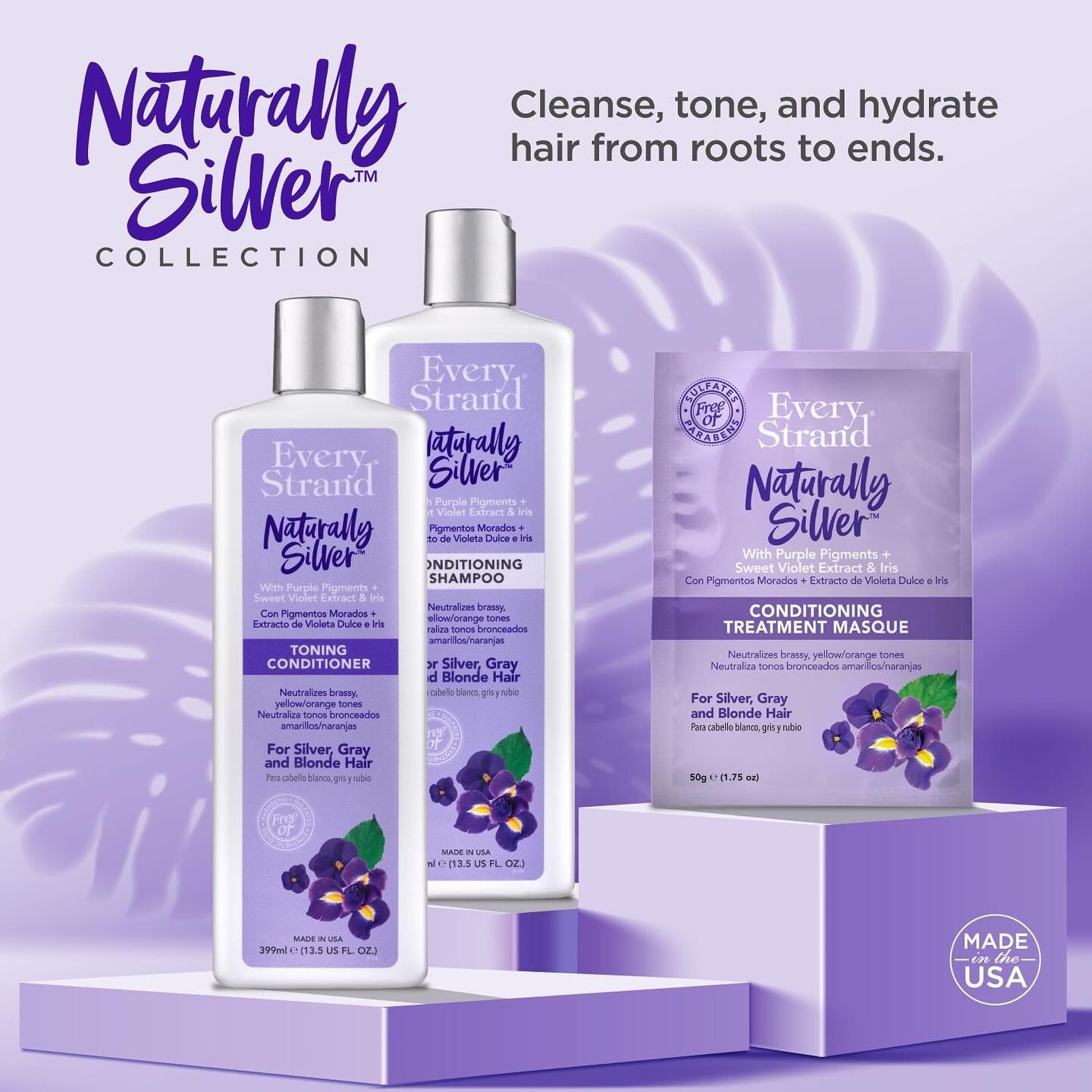Naturally Silver Collection by Every Strand: the perfect blend for silver, gray, or blonde hair! 💜✨ Say goodbye to brassiness and yellow tones with our dark violet pigments. Enjoy a delightful fruity floral scent while cleansing, toning, and hydrati