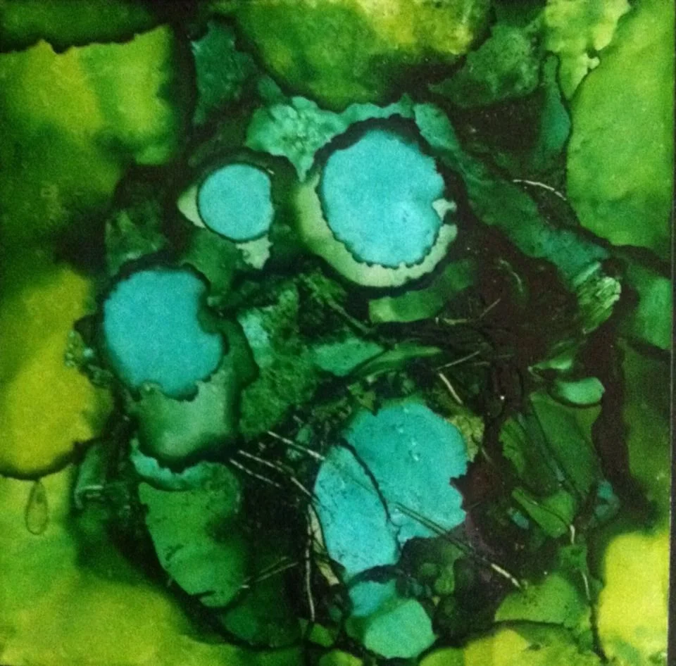 "Green Dance," 2015, Alcohol ink on artist panel