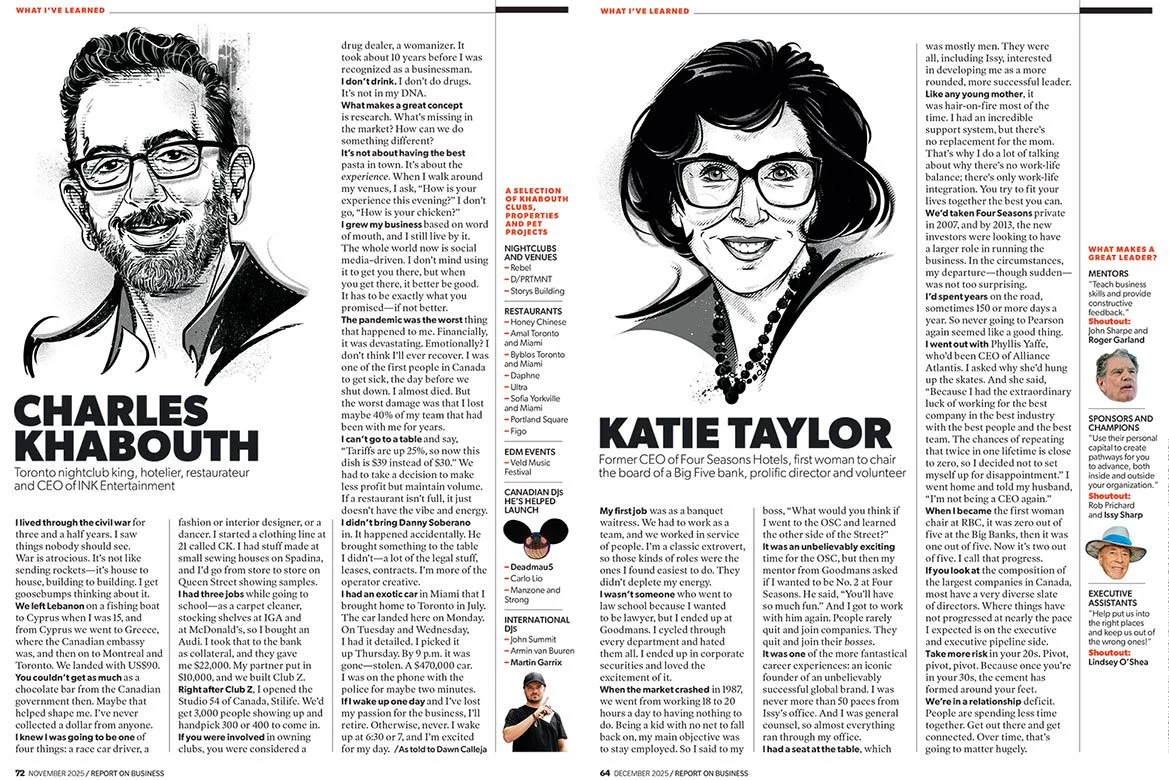 The-Globe-and-Mail-What-I've-Learned-Canadian-CEOs-Charles-Khabouth-Katie-Taylor-by-Sam-SIngh-Illustration.jpg