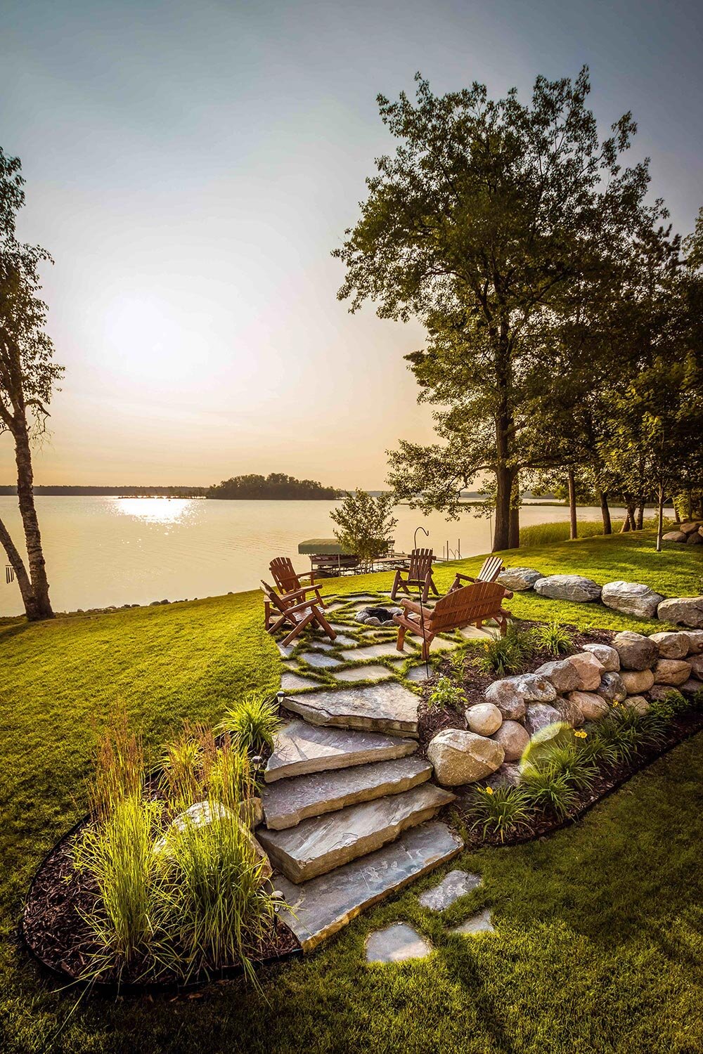 flagstone, fire pit, boulder, retaining wall, boulder steps, copper creek landscaping, Nisswa, Brainerd