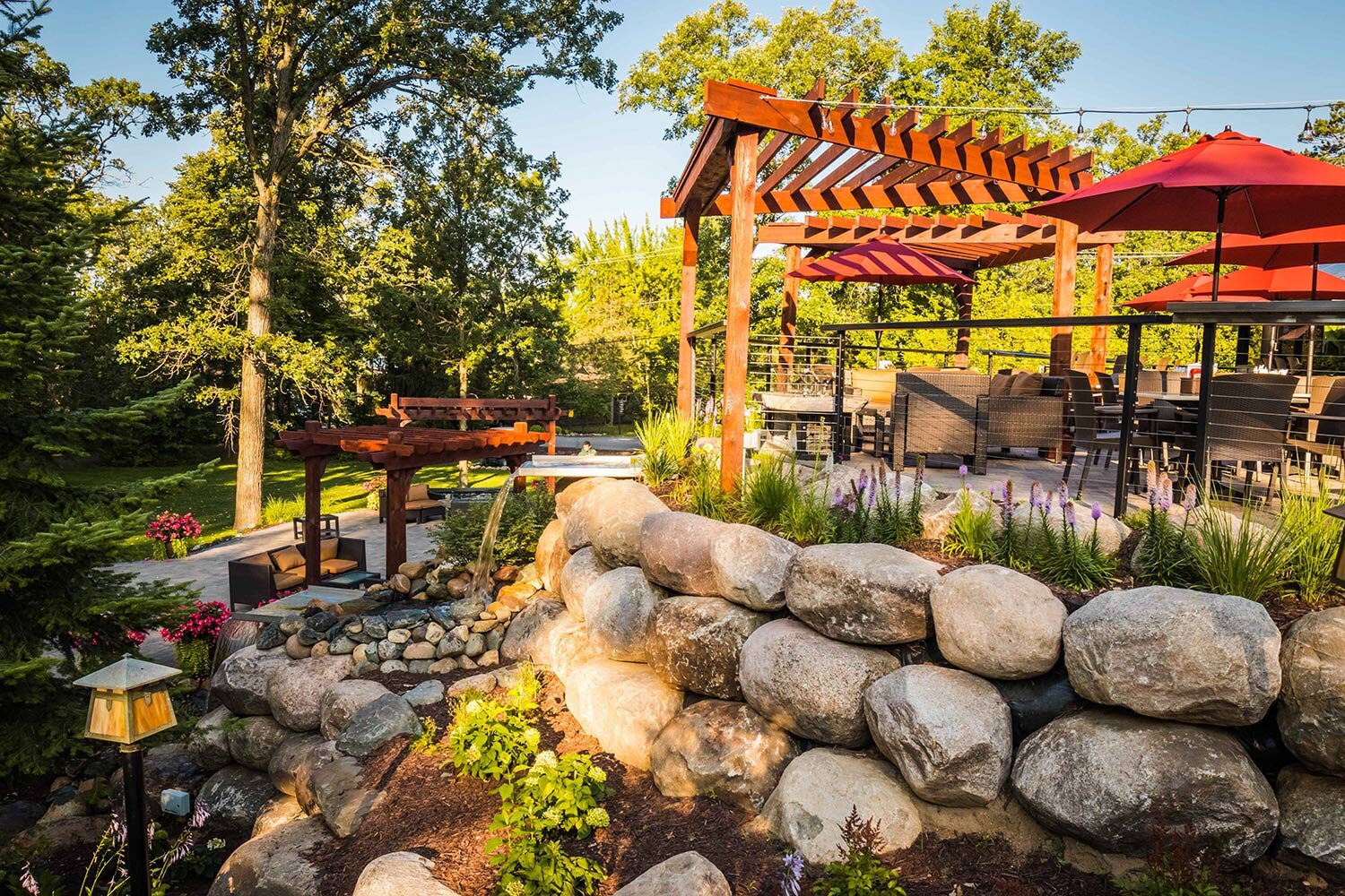 boulder, pergola, waterfall, patio, grand view lodge, copper creek landscaping, Nisswa, Brainerd.