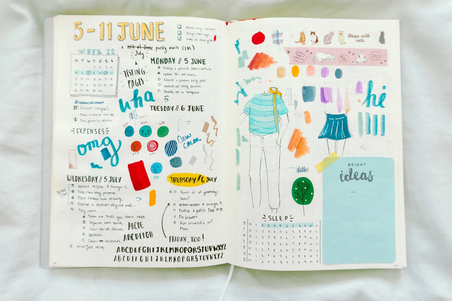 Jumps from June 6th to July 6th, lots of pen and marker tests, and you can't see it from there but that tiny speck on the Bright Ideas sticky note says "LOL".