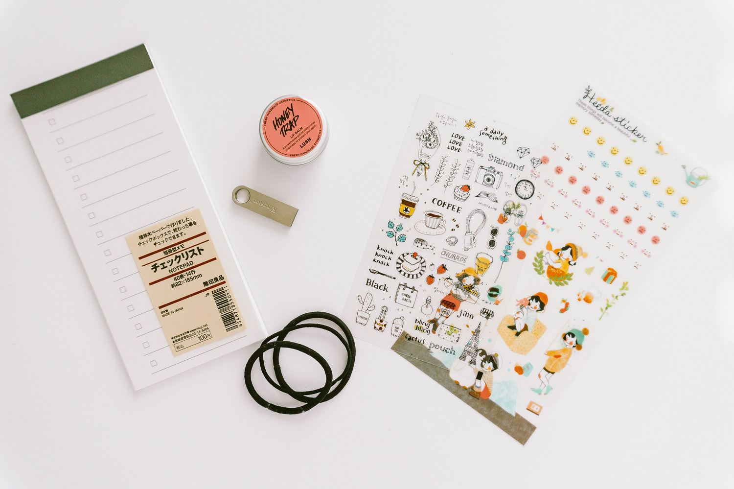 Memo Pad from Muji, Lip Balm from LUSH, Kingston USB, Stickers from Korea
