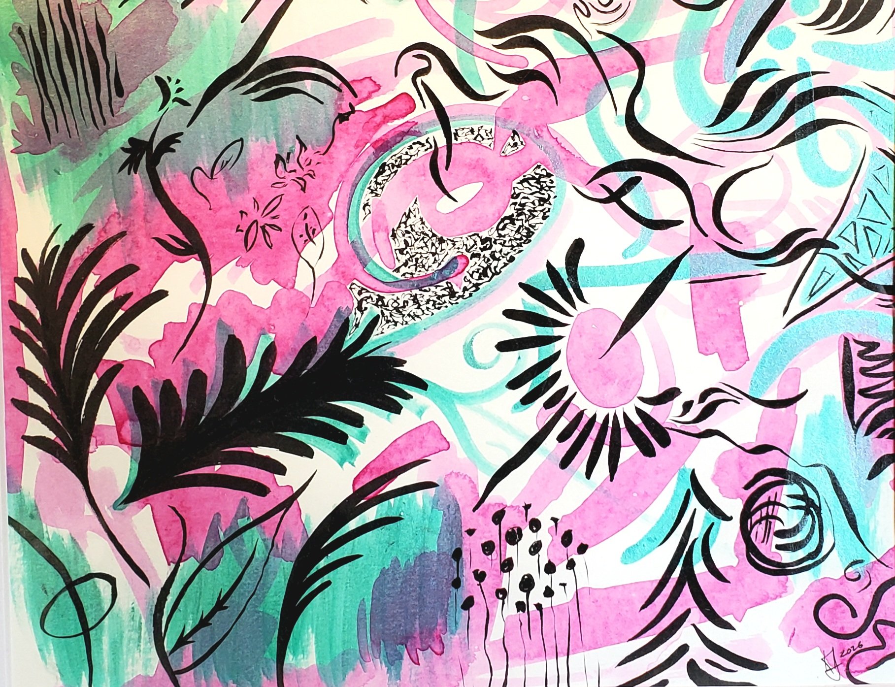  Welcome to the Jungle 
 2026
 acrylic and watercolor
 9 x 12 in. 

 This piece moves like a jungle.  Layers of pinks, greens, and inky black forms tangle and collide - lush, chaotic, alive, and a little unforgiving.  Creating a space that feels play