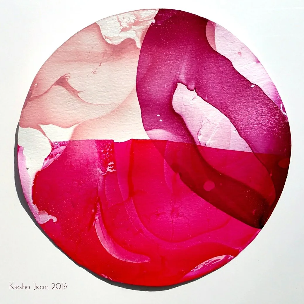  Wine Splash 
 2019
 acrylic on paper
 9 x 12 in. 
 Wine Splash is a study in fluidity, movement, and place. Inspired by the rich tones of Sonoma County’s varietals ... blush, rosé, and deep cabernet ... the piece captures the moment color is release