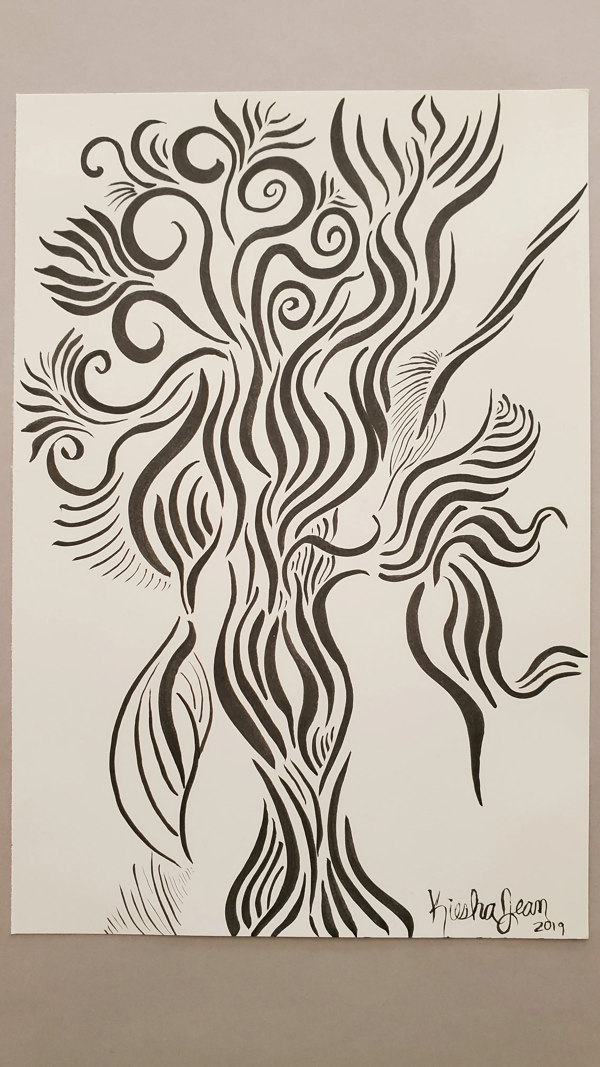  UNDECIDED 
  2019 
 INDIA INK 

     A female form holds center while everything around her moves. 

 Lines split, curl, and branch in different directions ... each one carrying a task, a thought, a feeling pulling for attention. Some are steady, so
