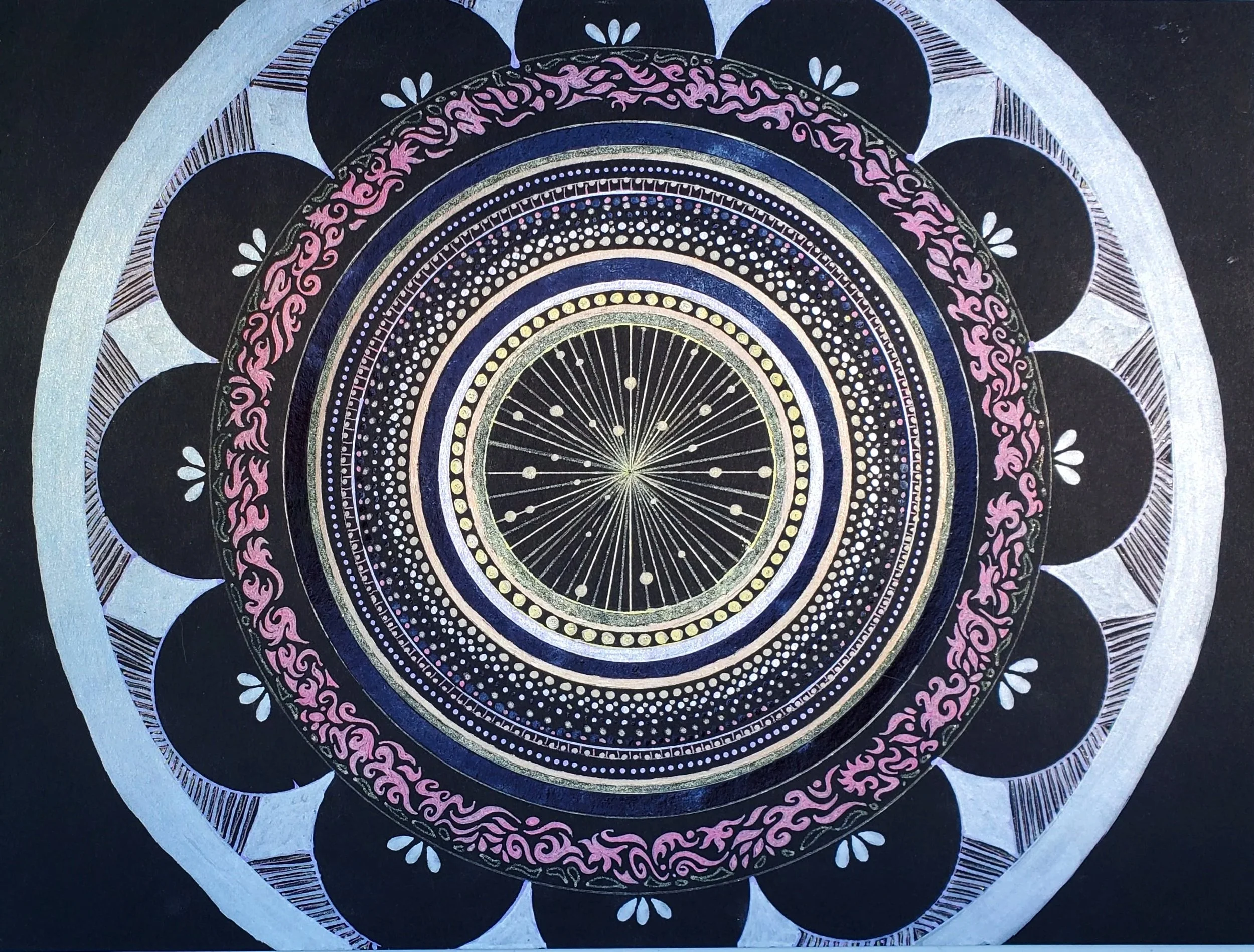  Singularity 
 2026
 acrylic on paper
 9x12 in. 

 Singularity explores the idea of origin, of everything radiating outward from a single point. At the center, a dense, luminous core anchors the composition, surrounded by expanding rings of intricate