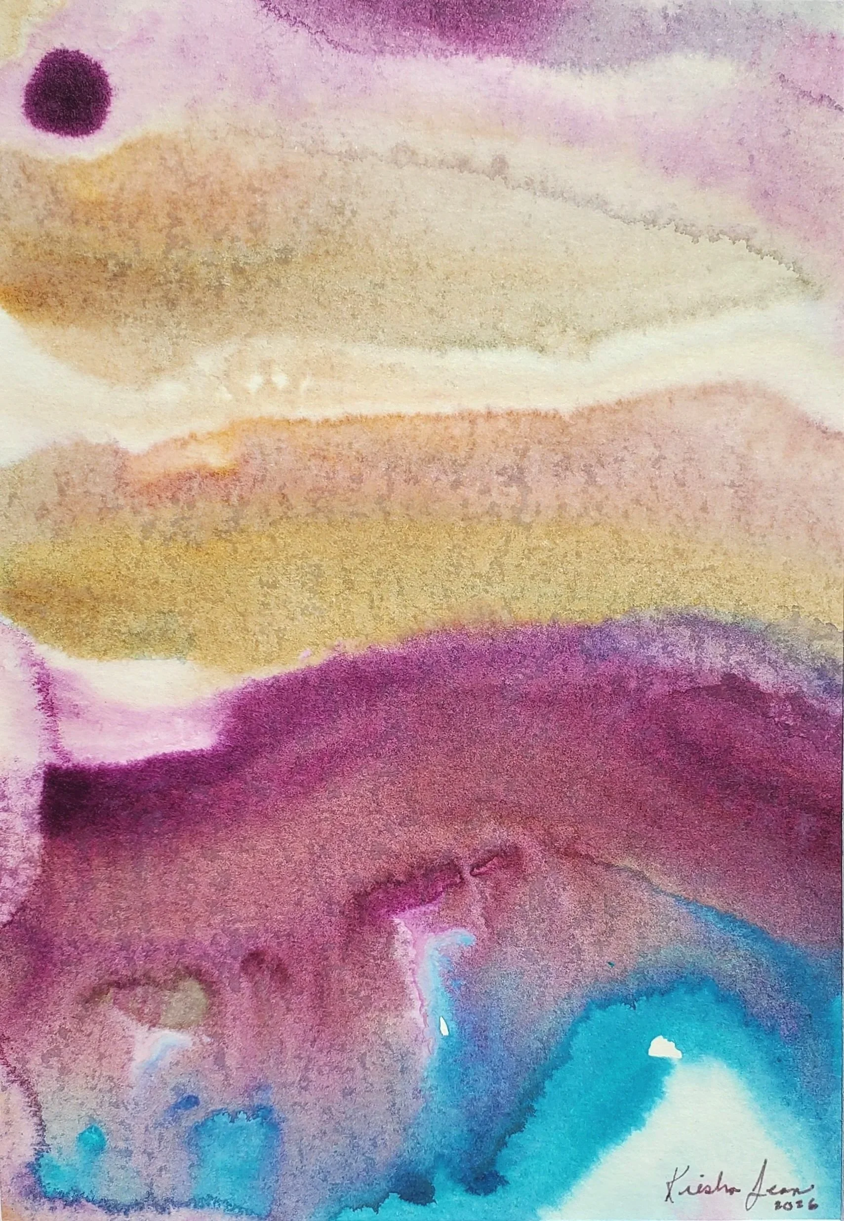  Rare Earth No. 6 
 2026
 5 x 7 in.
 Acrylic on Paper 
 Rare Earth is a series rooted in a world before people, before language, before cities, before anyone thought to name what they were looking at. 

     These paintings move through an ancient pa