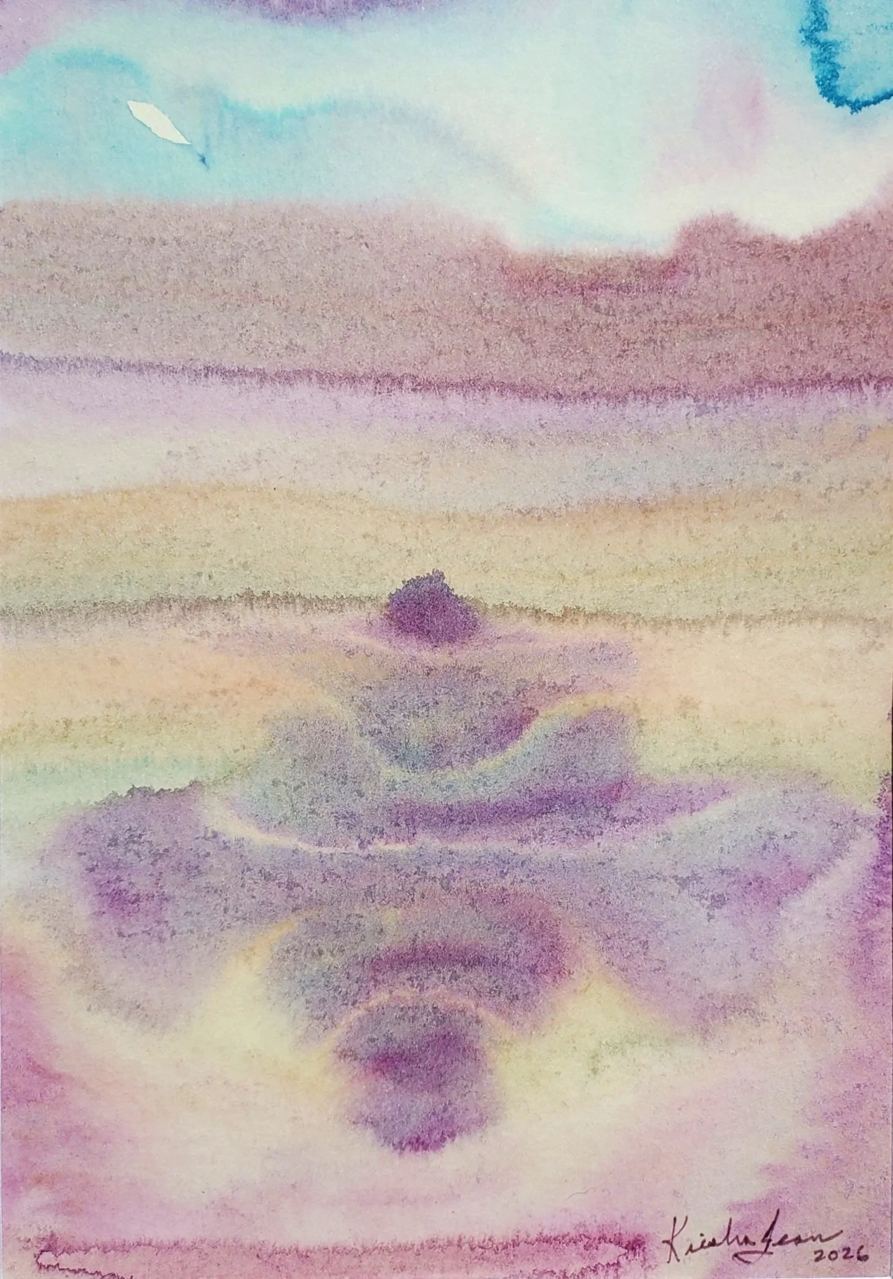 Rare Earth No. 7 
 2026
 5 x 7 in.
 Acrylic on Paper 
 Rare Earth is a series rooted in a world before people, before language, before cities, before anyone thought to name what they were looking at. 

     These paintings move through an ancient pa