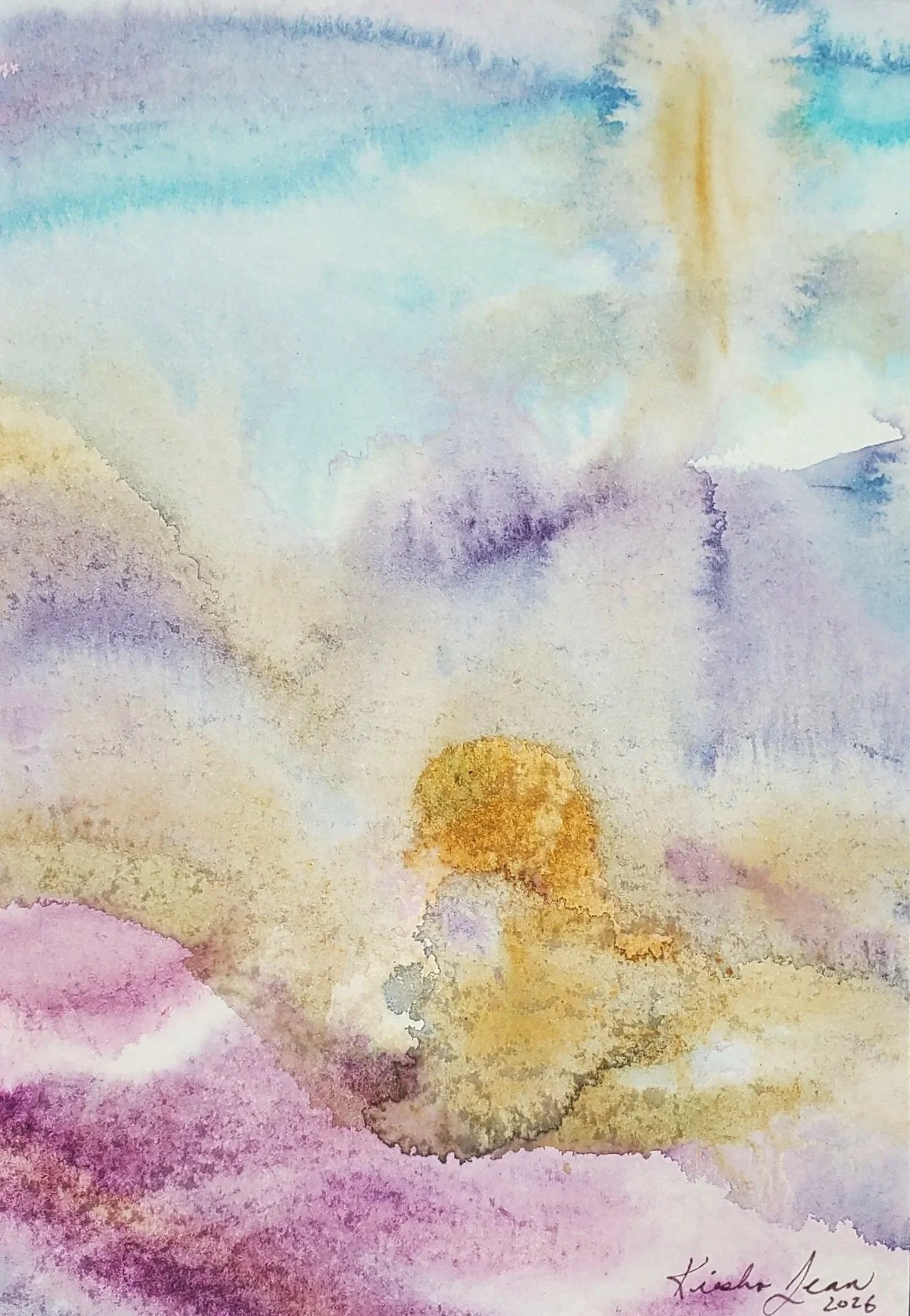  Rare Earth No. 8 
 2026
 5 x 7 in.
 Acrylic on Paper 
 Rare Earth is a series rooted in a world before people, before language, before cities, before anyone thought to name what they were looking at. 

     These paintings move through an ancient pa