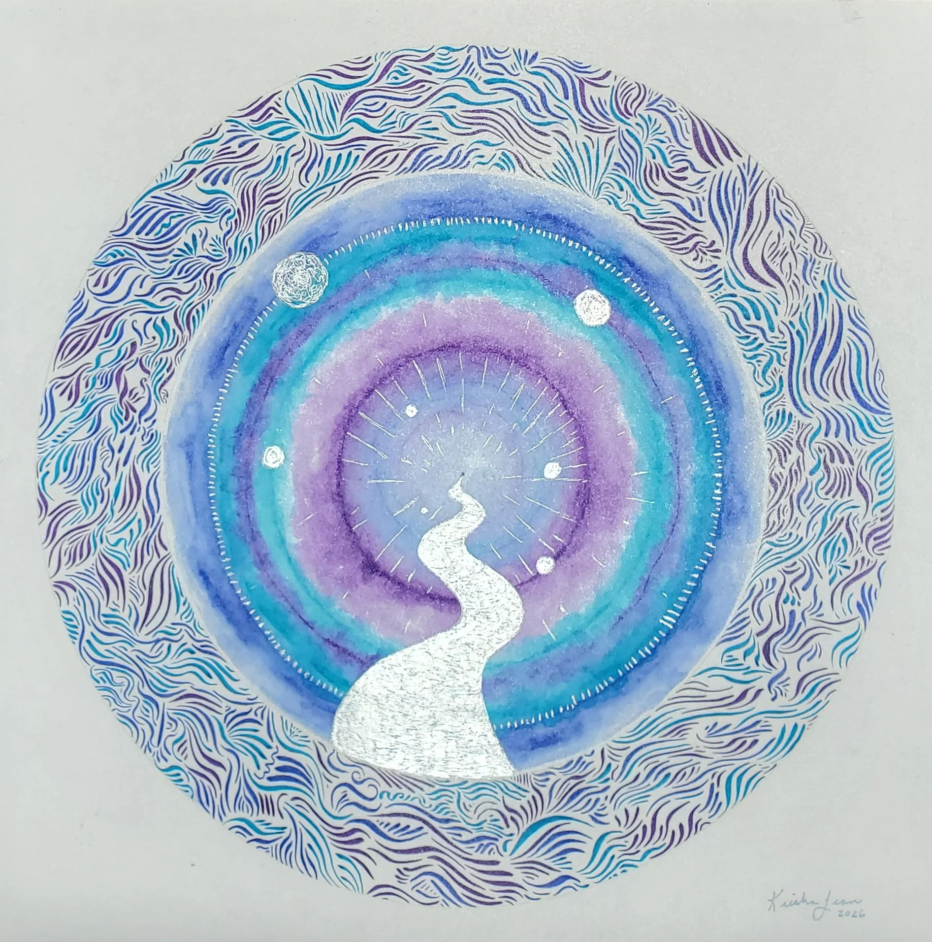  Full Circle 
 20
 Ink on Paper   11 x 11 in.  
 Full Circle reflects the quiet completion of a cycle.  Layered rings move outward in soft rhythmic waves, holding a sense of time, growth, and repetition.  At the center, a path emerges and extends for