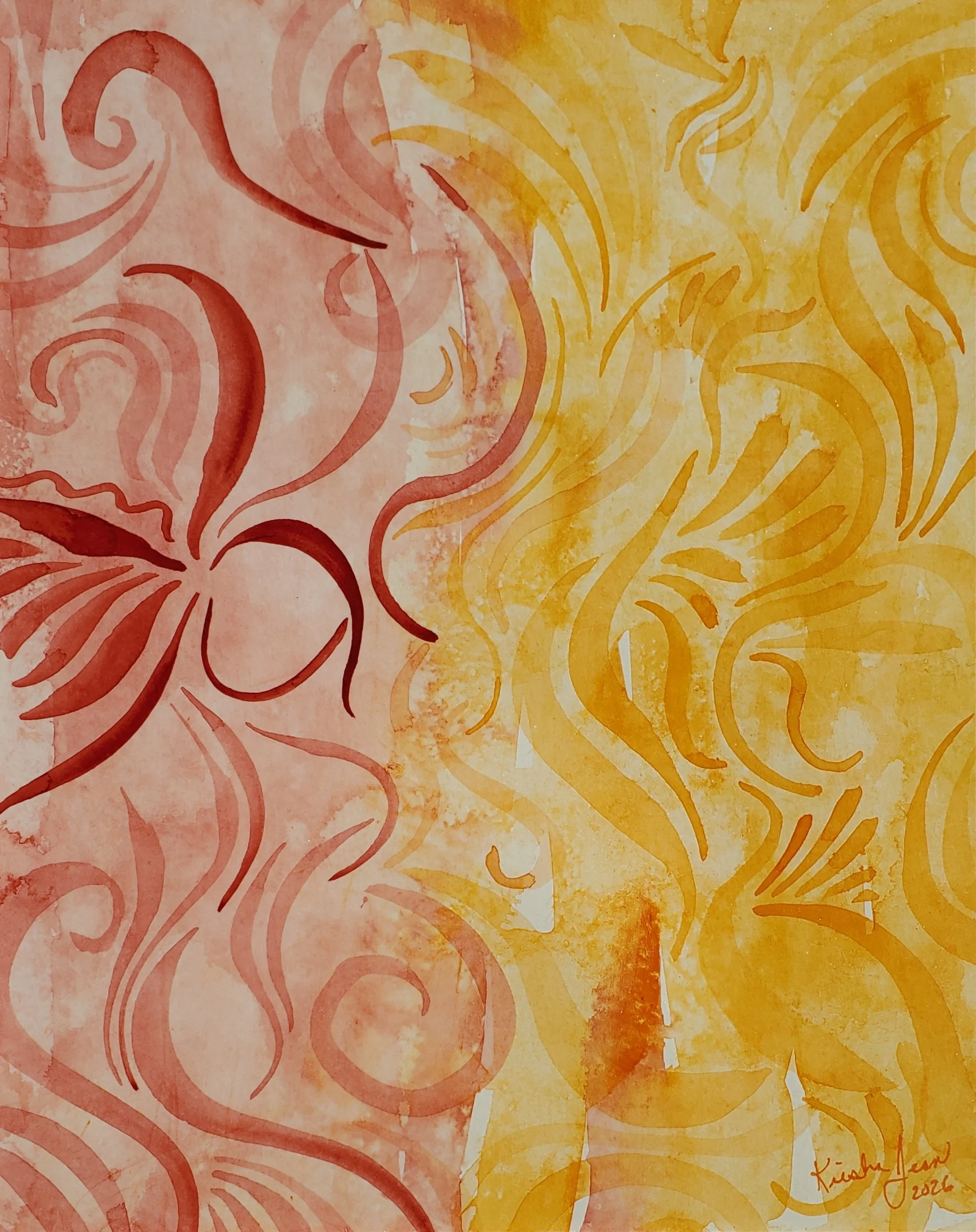  Fire Bloom 
 2026
 8 x 10 in. 
 There is a kind of fire that doesn’t burn ... it warms, awakens, and gives life. 

 Fire Bloom is about nurturing that inner flame: the part of us that is powerful, creative, warm, and unapologetically alive. It is th