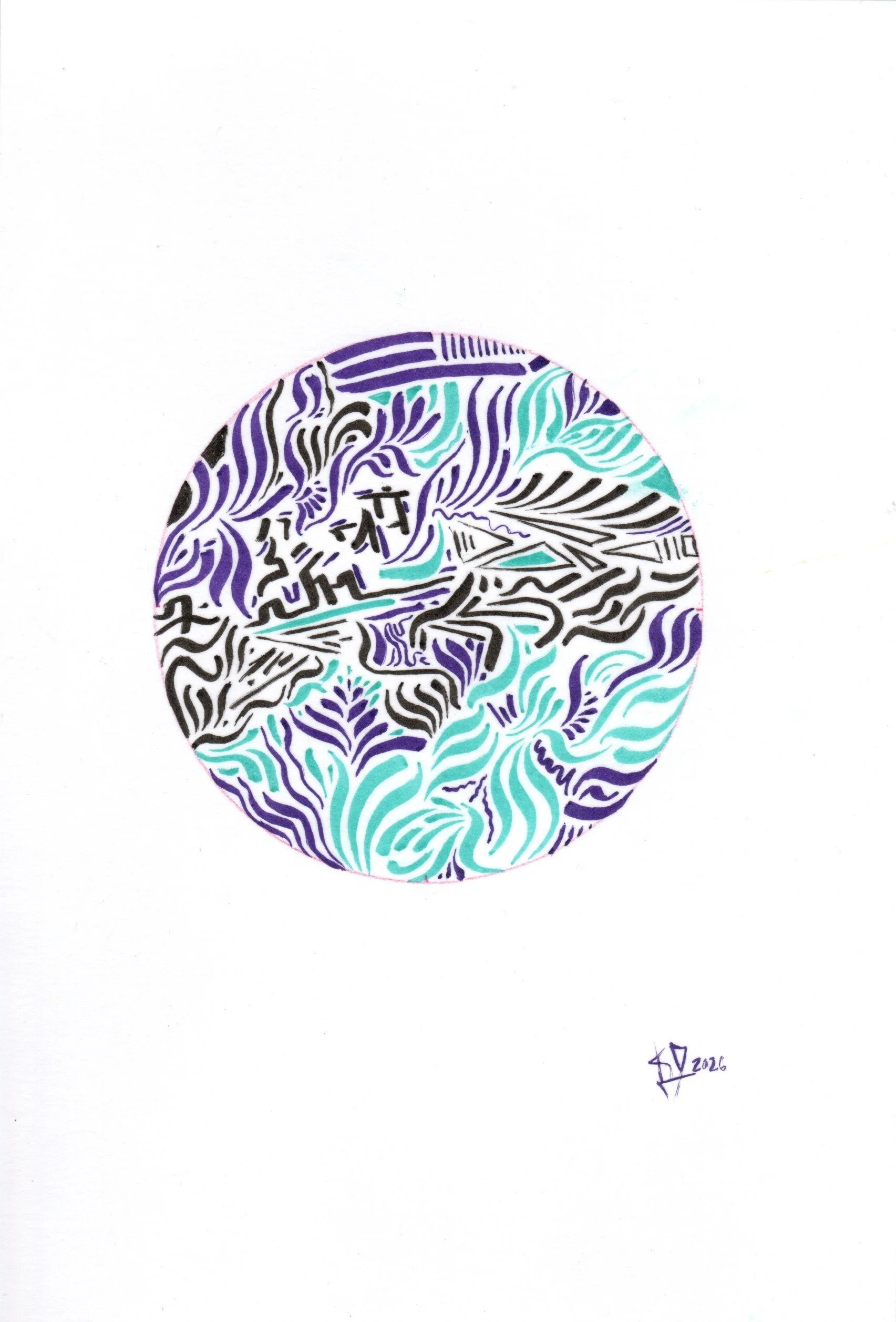  Eye of the Storm 
 2026
  Ink on Paper 5.5 x 8.5 in. 

 A moment of stillness in the middle of chaos and destruction. When everything around you feels unsettled and uncertain, there can be a small space where the noise falls away and you can catch y